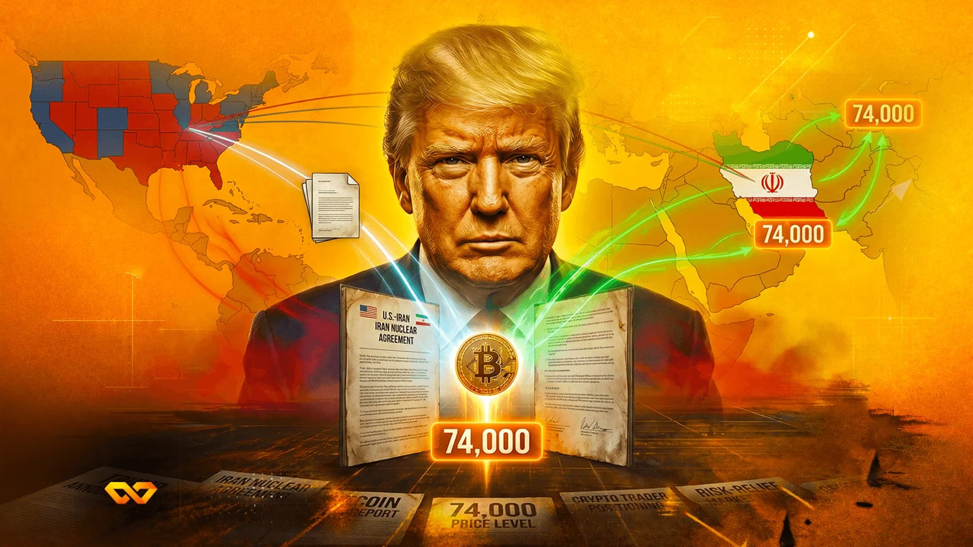 صورة لدونالد ترامب مع عملة بيتكوين وخريطة أمريكا وعلم إيران على خلفية برتقالية مع ملصقات أسعار.