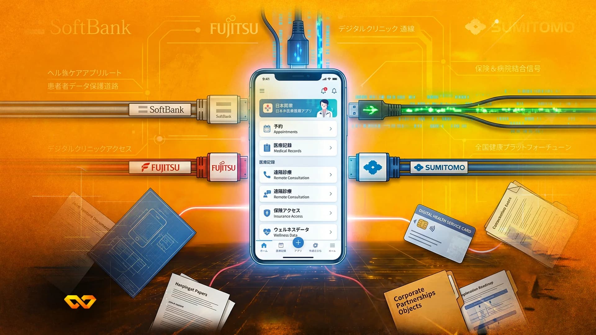 هاتف ذكي يعرض تطبيقاً صحياً يابانياً متصلاً بكابلات بشعارات سوفت بنك وفوجيتسو وسوميتومو على خلفية برتقالية.