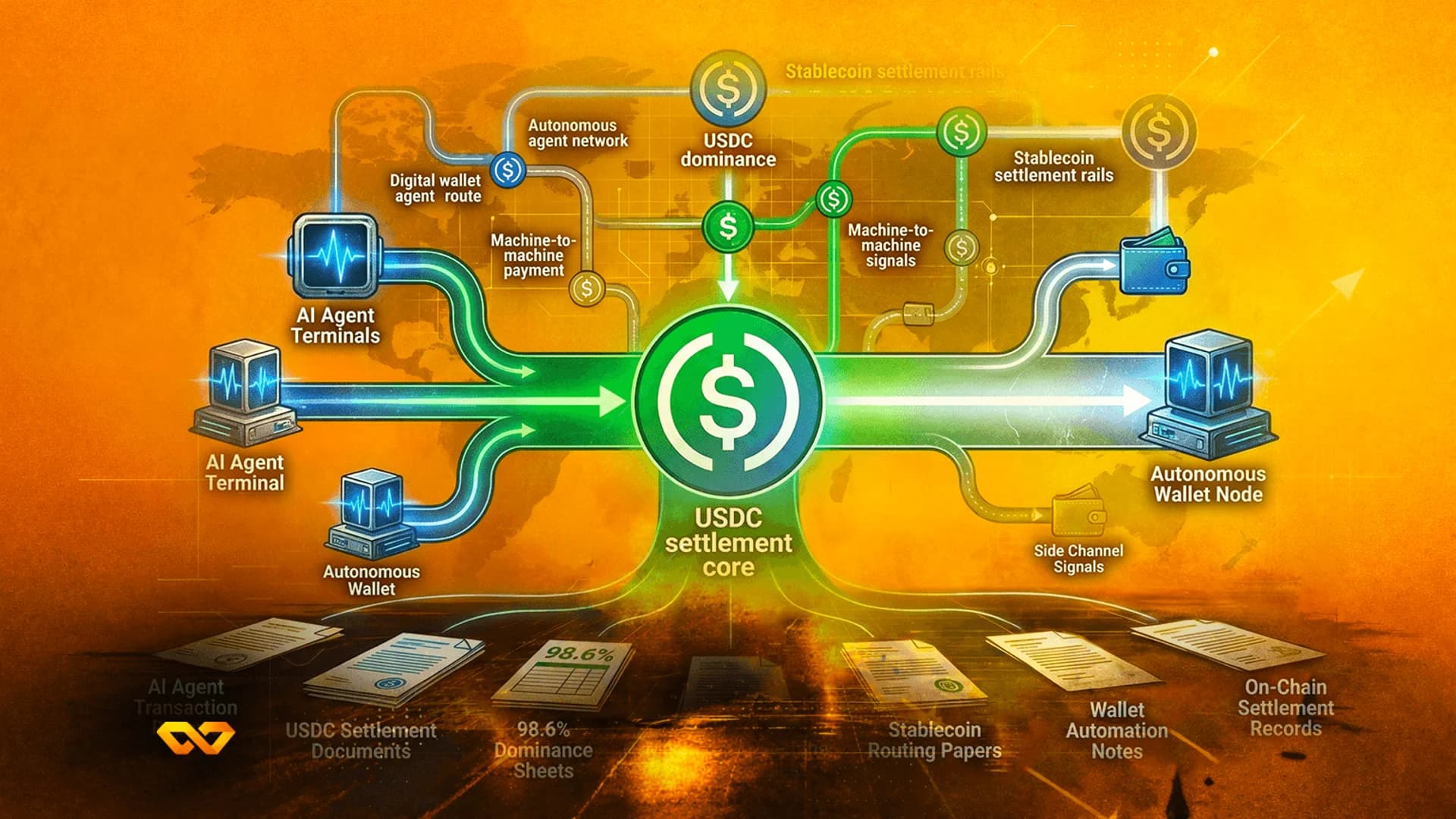 رسم بياني يوضح جوهر تسوية USDC مع محطات ذكاء اصطناعي، وعقد محفظة، وأوراق بيانات على خلفية برتقالية.