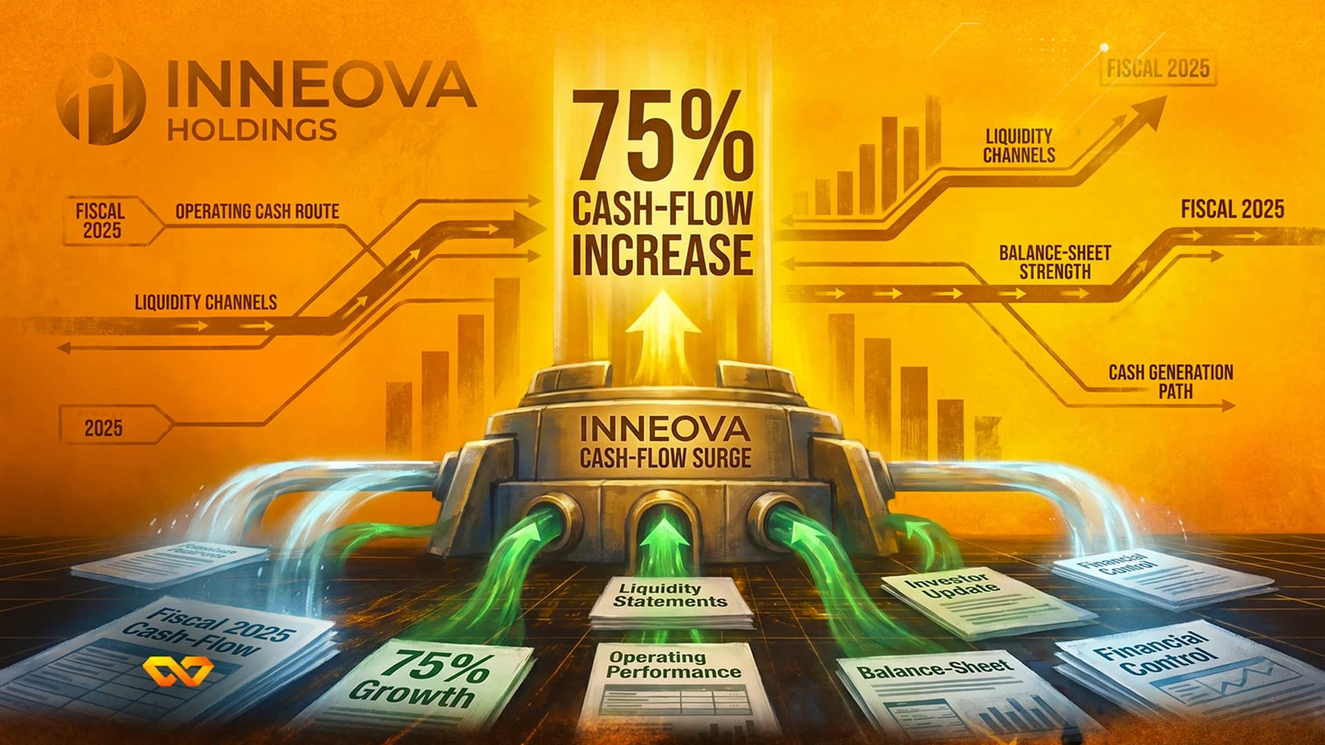 رسم توضيحي رقمي لآلة تحمل علامة Inneova Cash-Flow Surge مع أسهم خضراء ومستندات مالية.