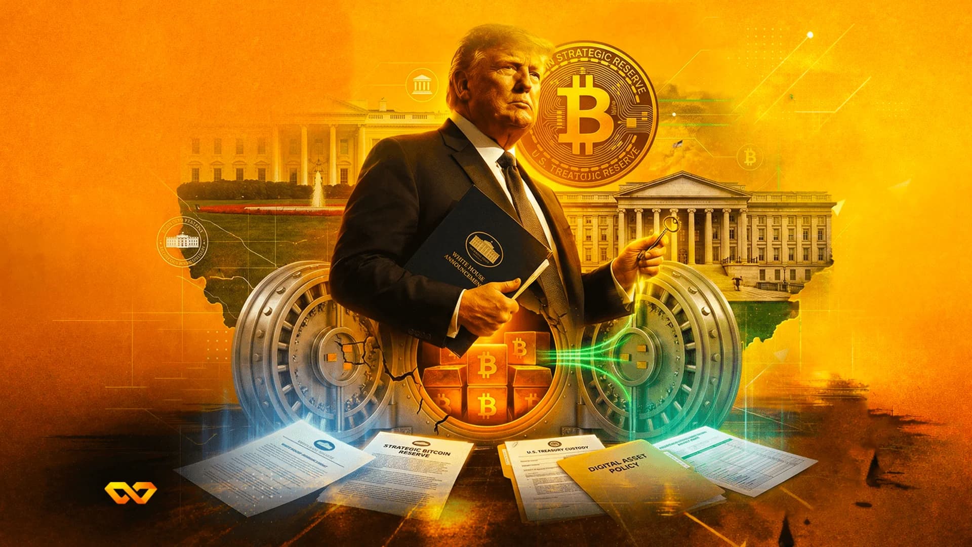 دونالد ترامب يحمل وثيقة ومفتاحاً، محاطاً برموز بيتكوين وأبواب خزائن ومبانٍ حكومية.