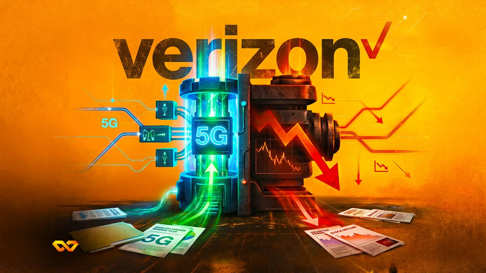 شعار فيرايزون فوق آلة مقسمة بين قلب 5G أزرق متوهج وسهم أحمر هابط مع رسوم بيانية لتراجع الأسهم.