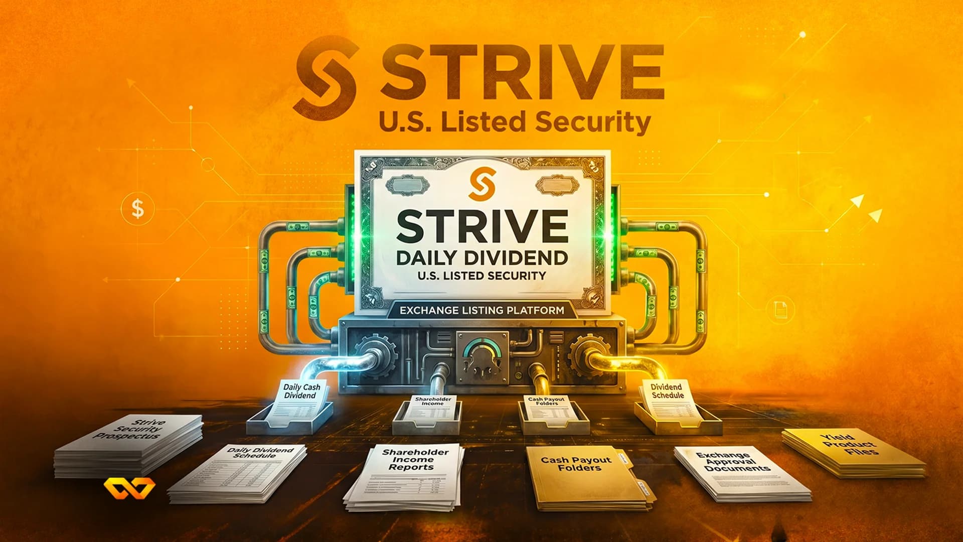 رسم توضيحي رقمي لآلة تحمل علامة STRIVE تنتج وثائق مالية على خلفية برتقالية.