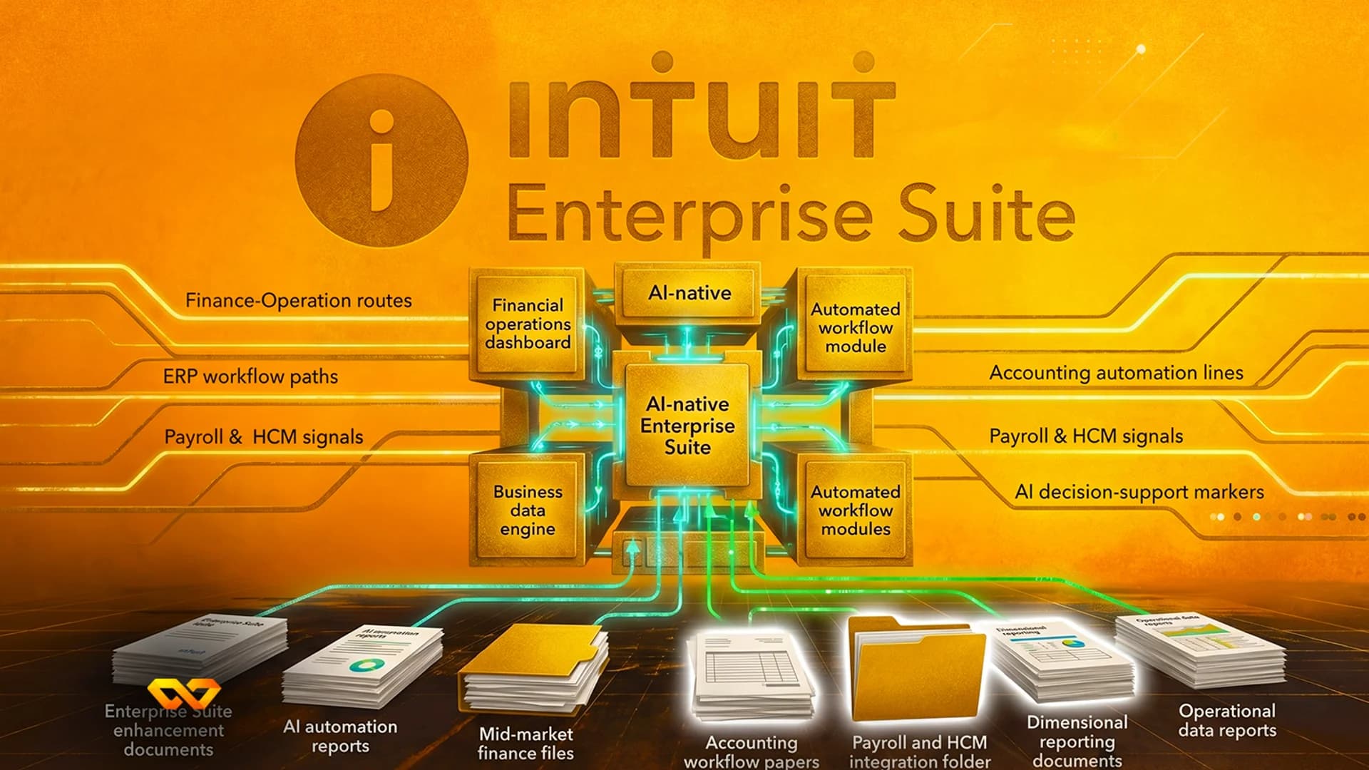 رسم بياني لـ Intuit Enterprise Suite يتميز بمكعب ذهبي مركزي وخطوط بيانات متوهجة على خلفية برتقالية.