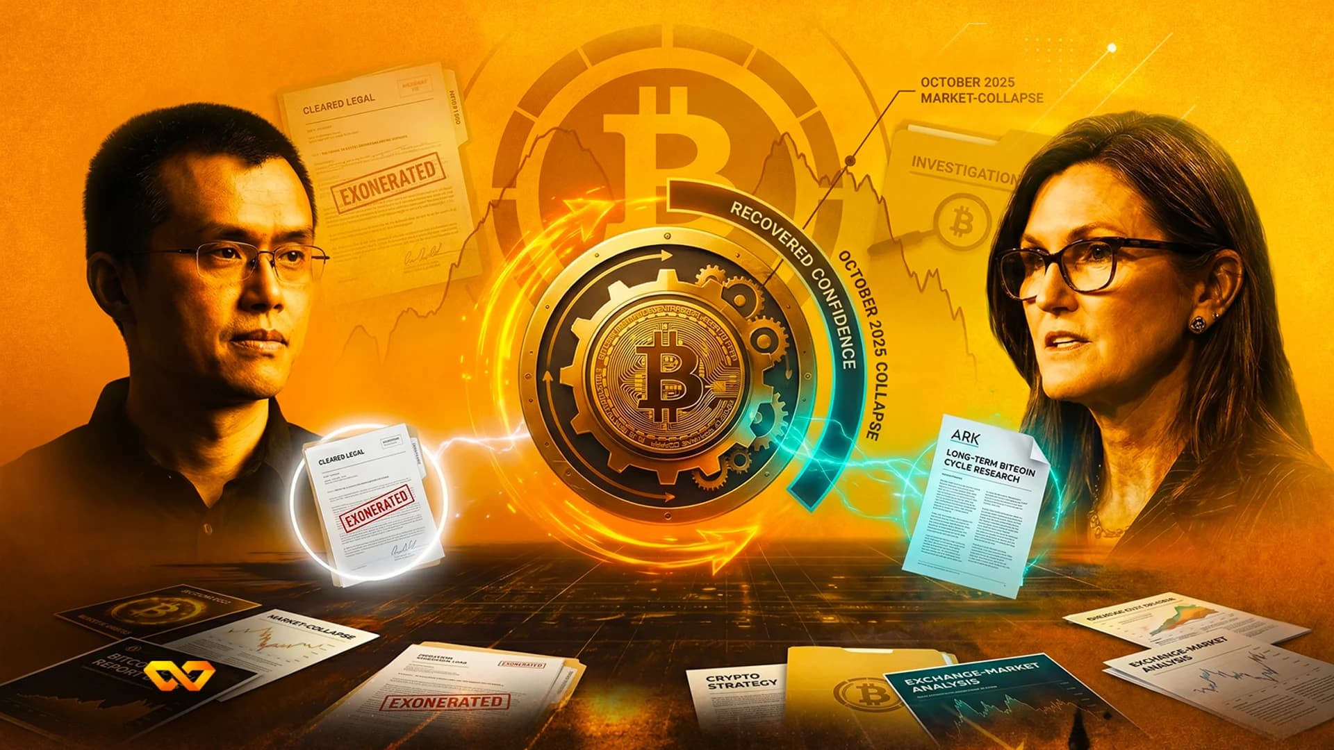 صور لتشانغبينغ تشاو وكاثي وود تحيط بعملة بيتكوين متوهجة وسط وثائق قانونية على خلفية برتقالية.