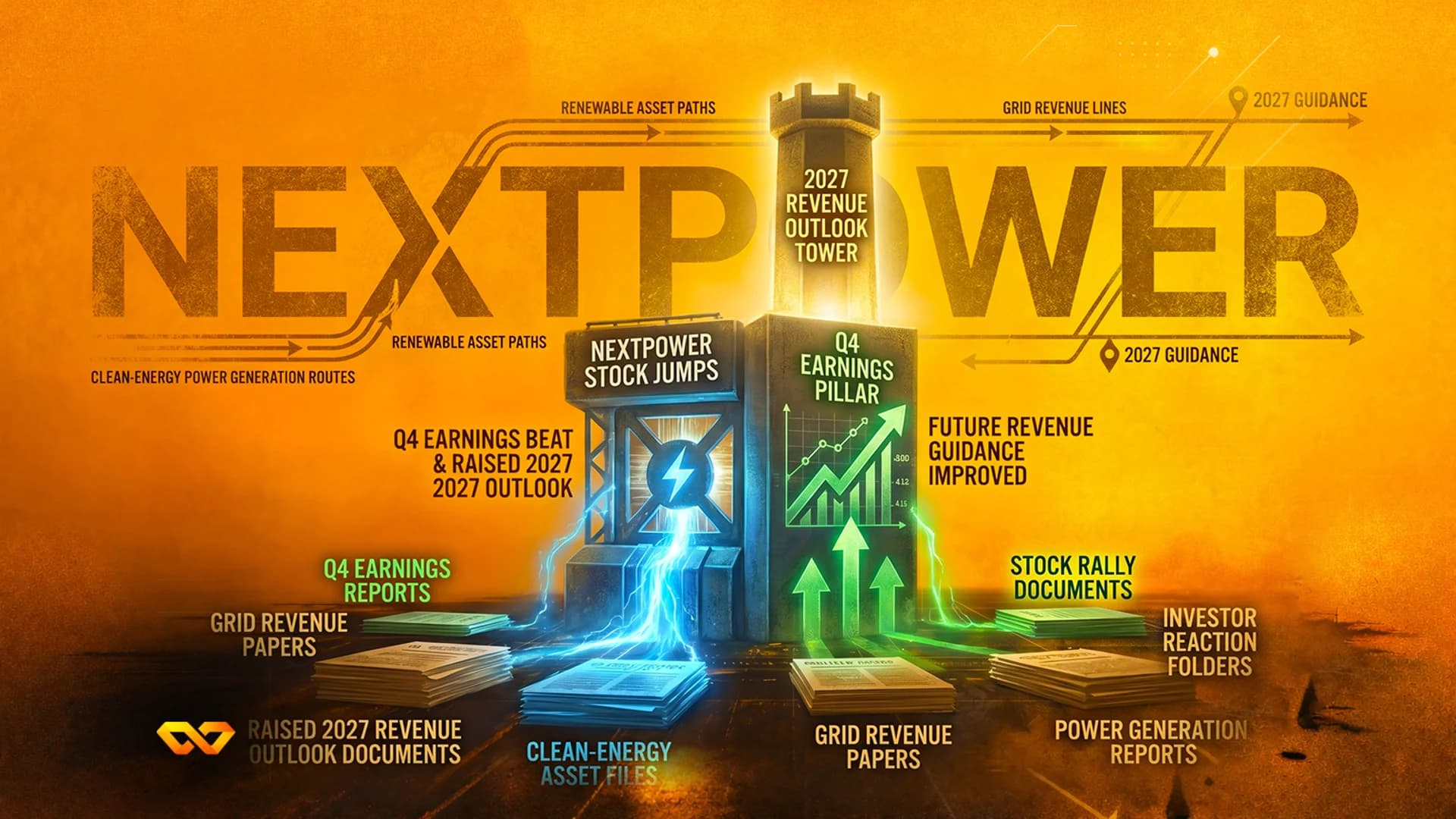 رسم توضيحي رقمي لبرج متوهج يحمل اسم NextPower مع رسوم بيانية صاعدة وأكوام من الوثائق المالية.