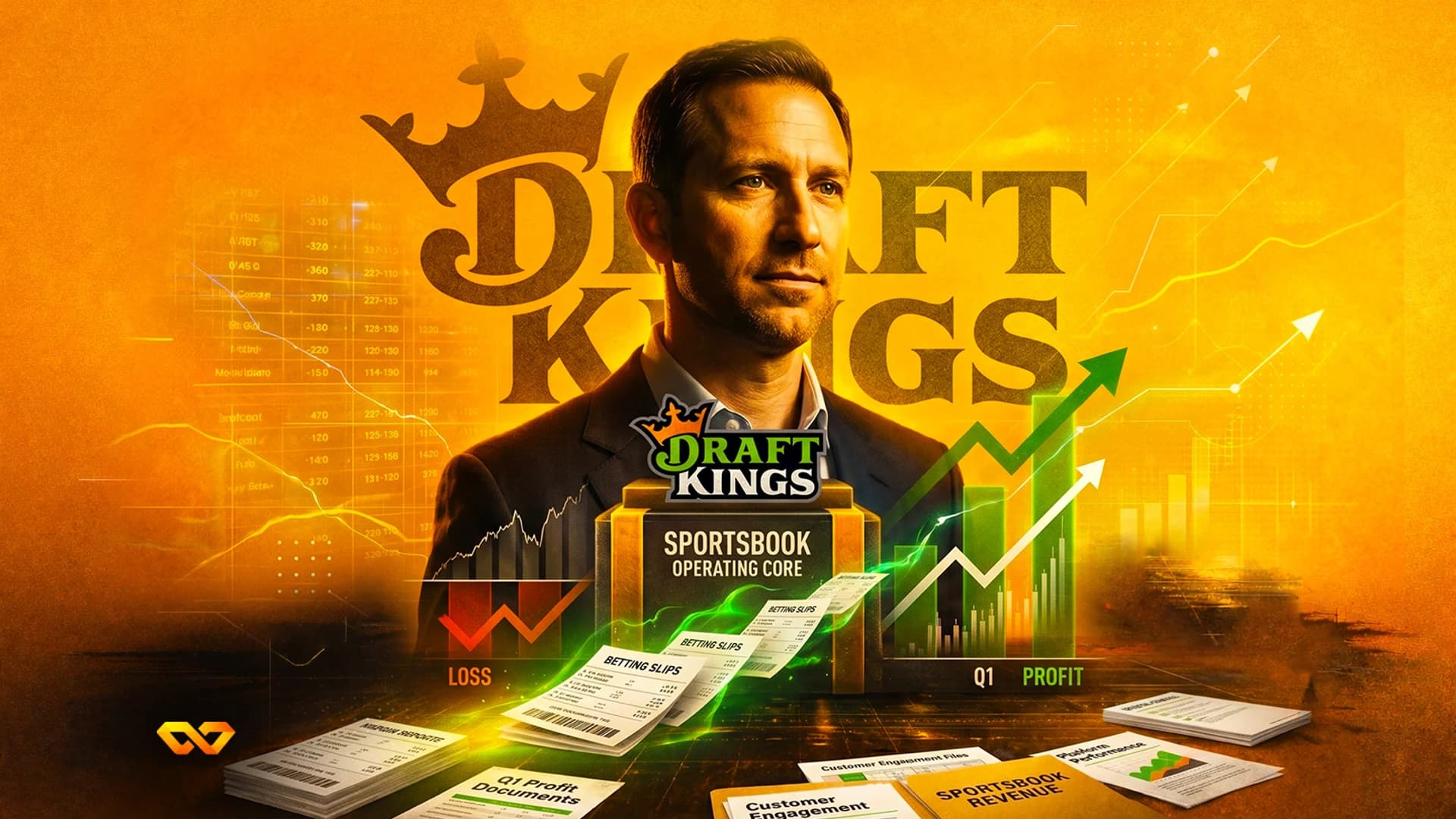 صورة لرجل فوق شعار DraftKings مع رسوم بيانية مالية وقسائم مراهنة ومستندات أرباح على خلفية صفراء.
