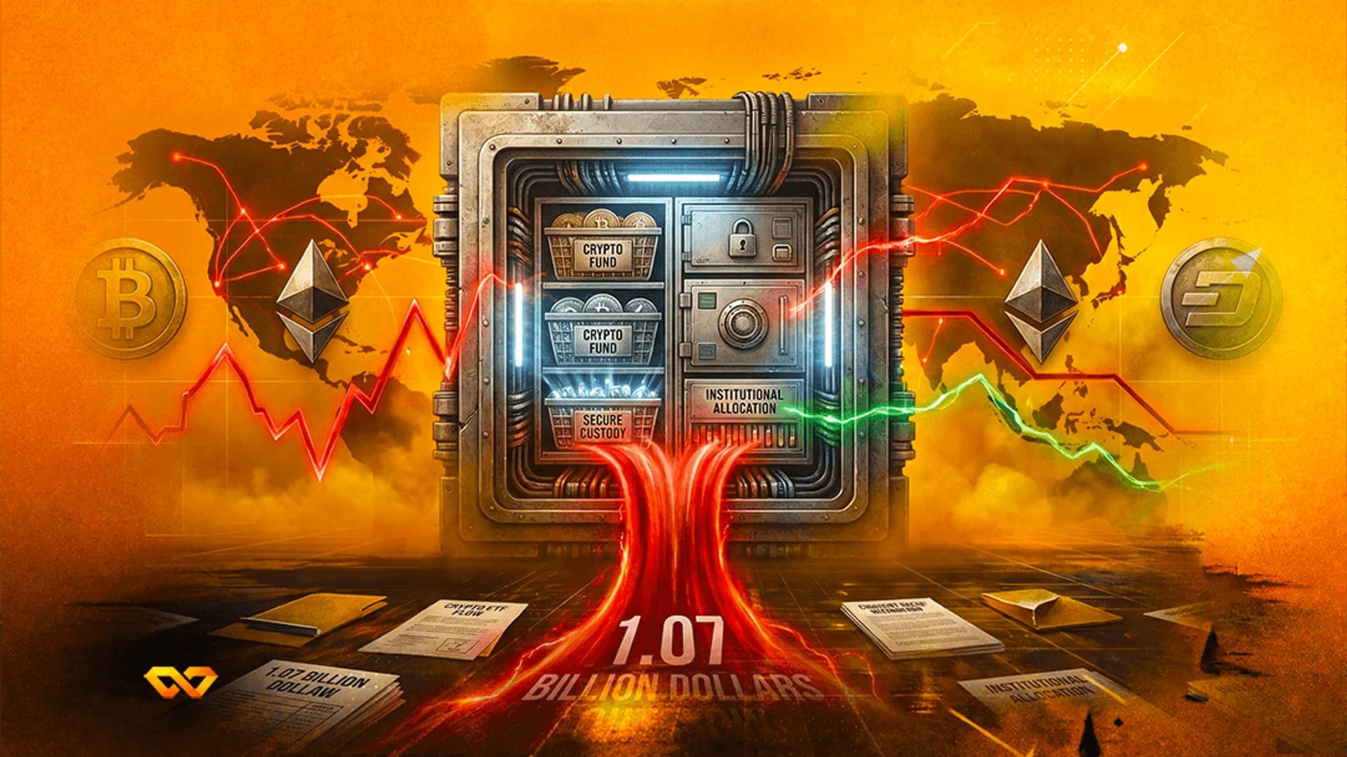 خزنة معدنية تحمل ملصقات صناديق العملات الرقمية أمام خريطة العالم، مع شعارات بيتكوين وإيثيريوم وتدفق أحمر.