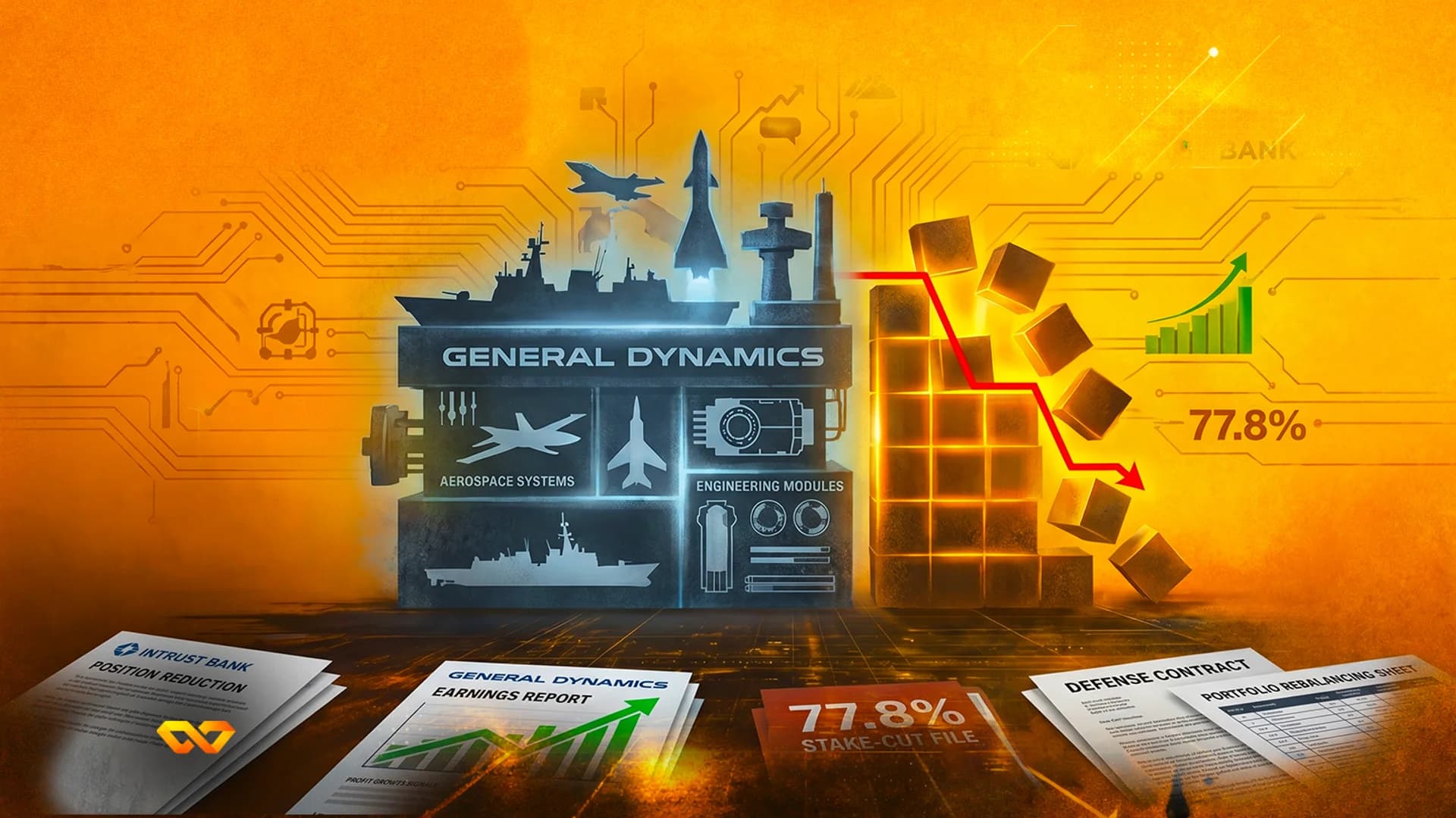 رسم توضيحي لشعار جنرال دايناميكس مع صور ظلية عسكرية، ومكعبات متساقطة، ورسم بياني هابط، وأوراق مالية.