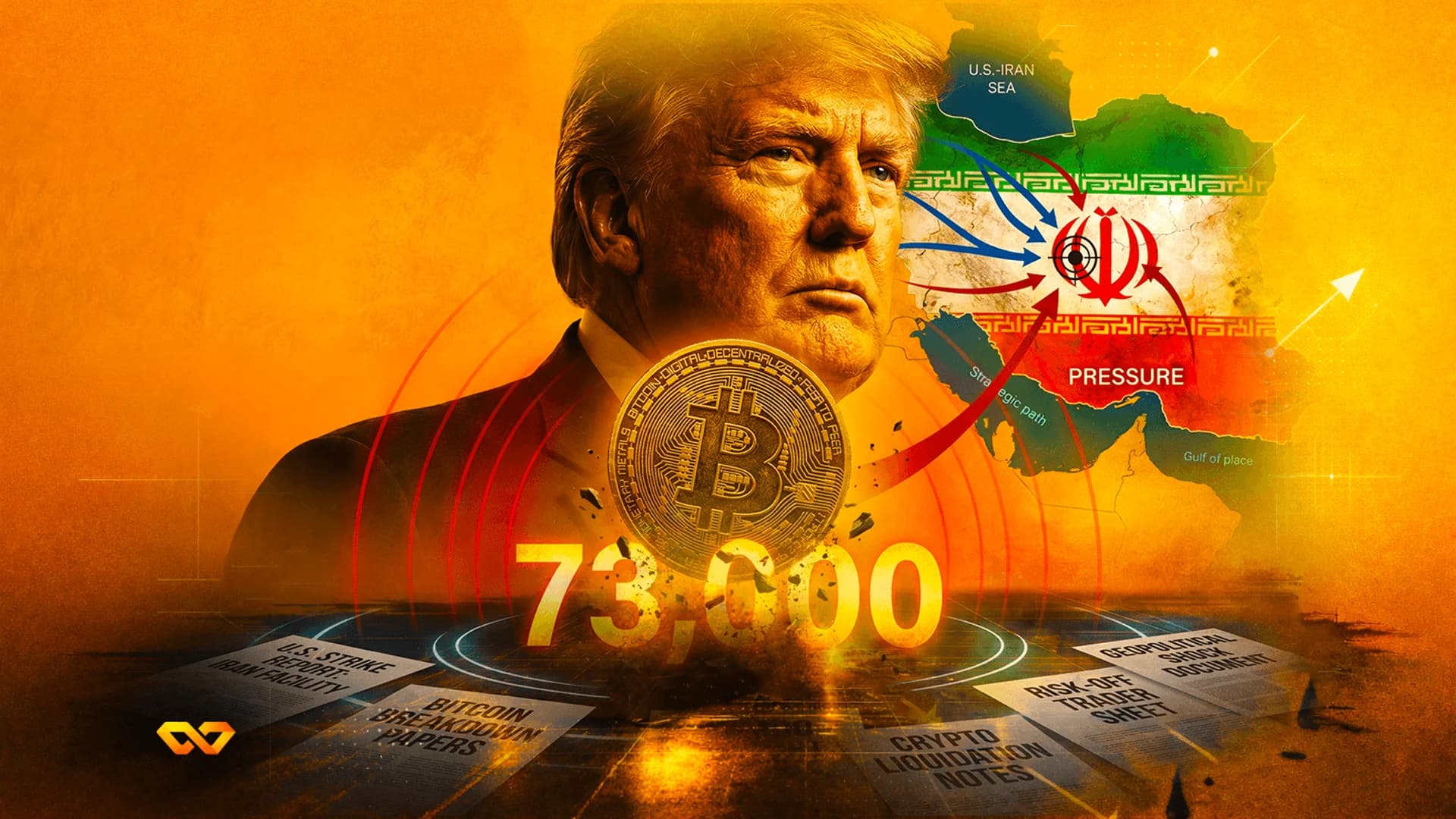 رسم توضيحي رقمي لدونالد ترامب، وعملة بيتكوين، والرقم 73,000، وخريطة لإيران مع أسهم تستهدفها.
