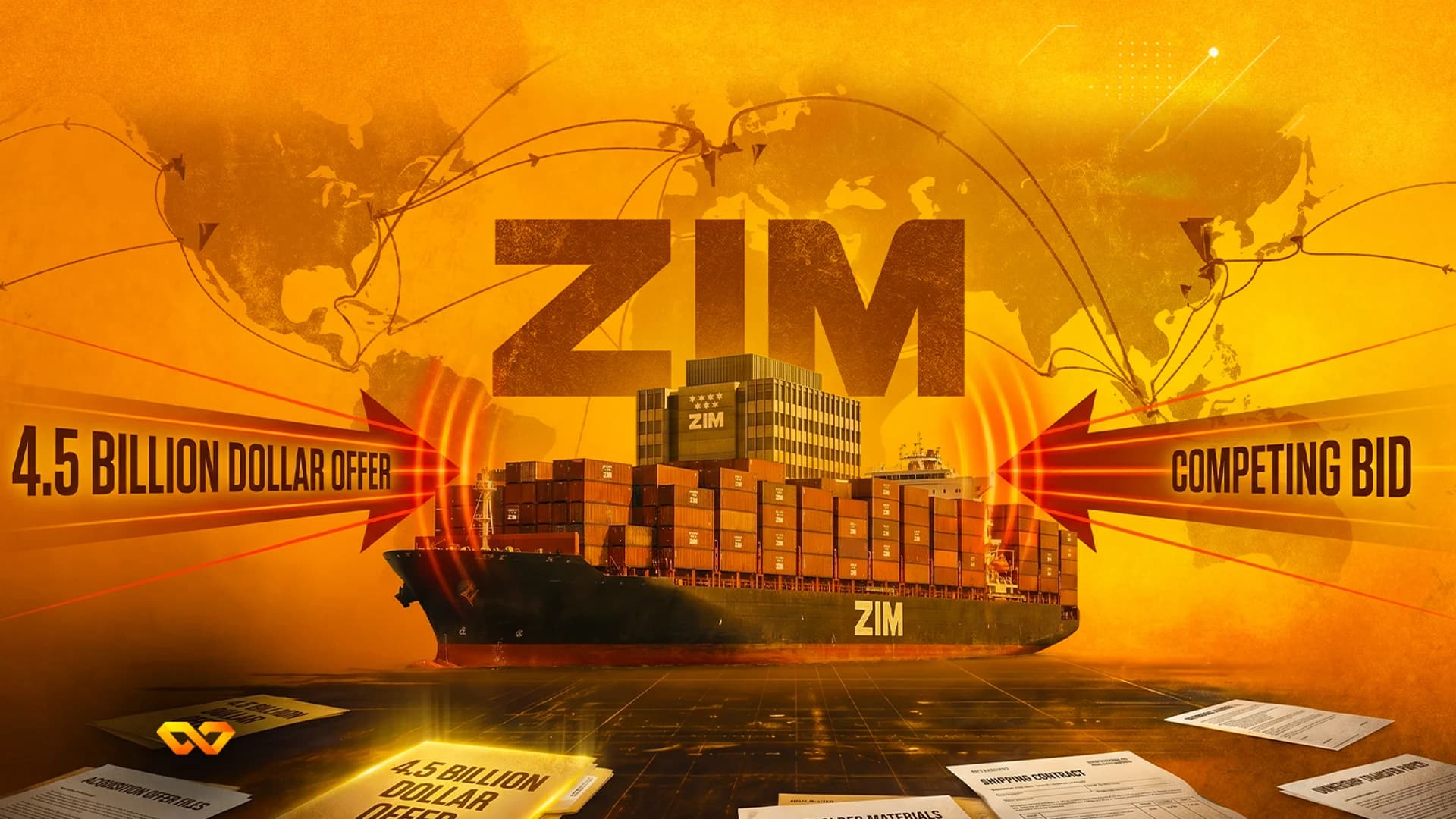 سفينة حاويات ZIM بين سهمين لعرض بقيمة 4.5 مليار دولار وعرض منافس على خلفية خريطة عالم برتقالية.
