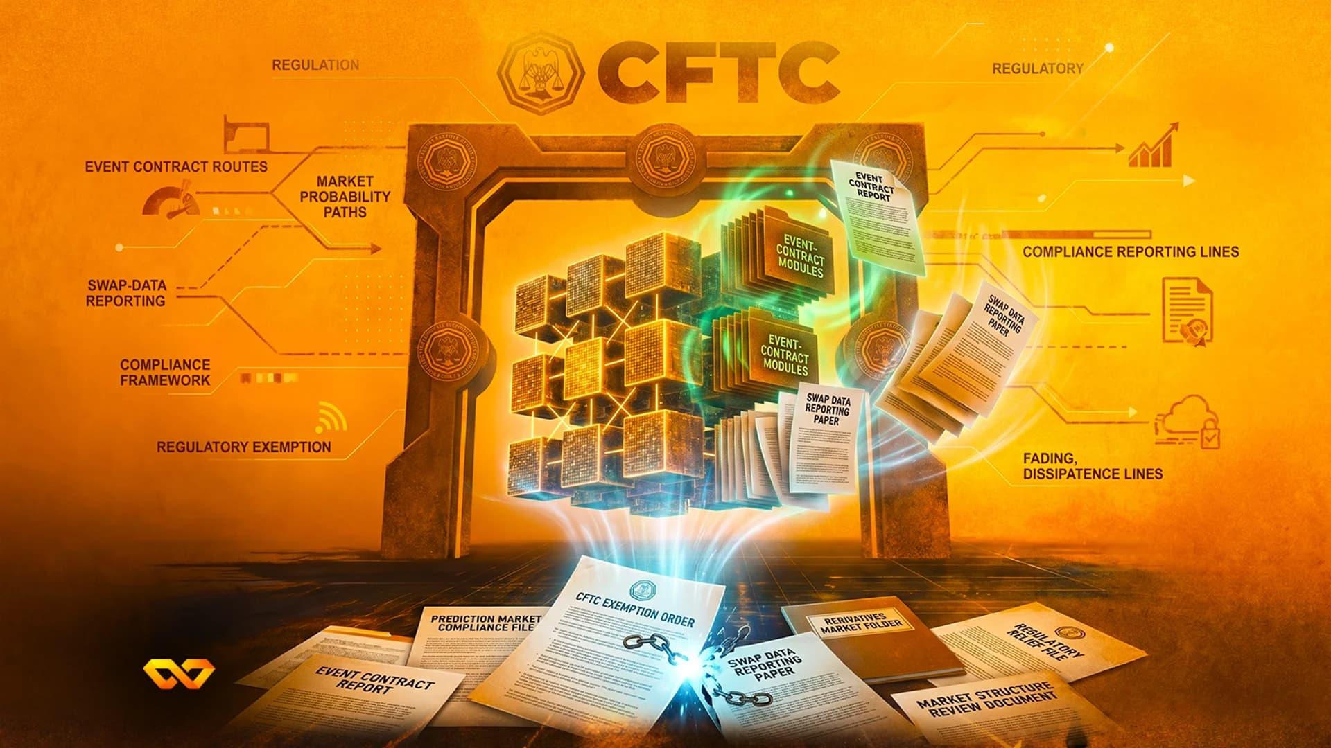 رسم توضيحي رقمي لشعار CFTC فوق مكعب بيانات متوهج ومستندات تنظيمية مبعثرة بدرجات اللون البرتقالي.