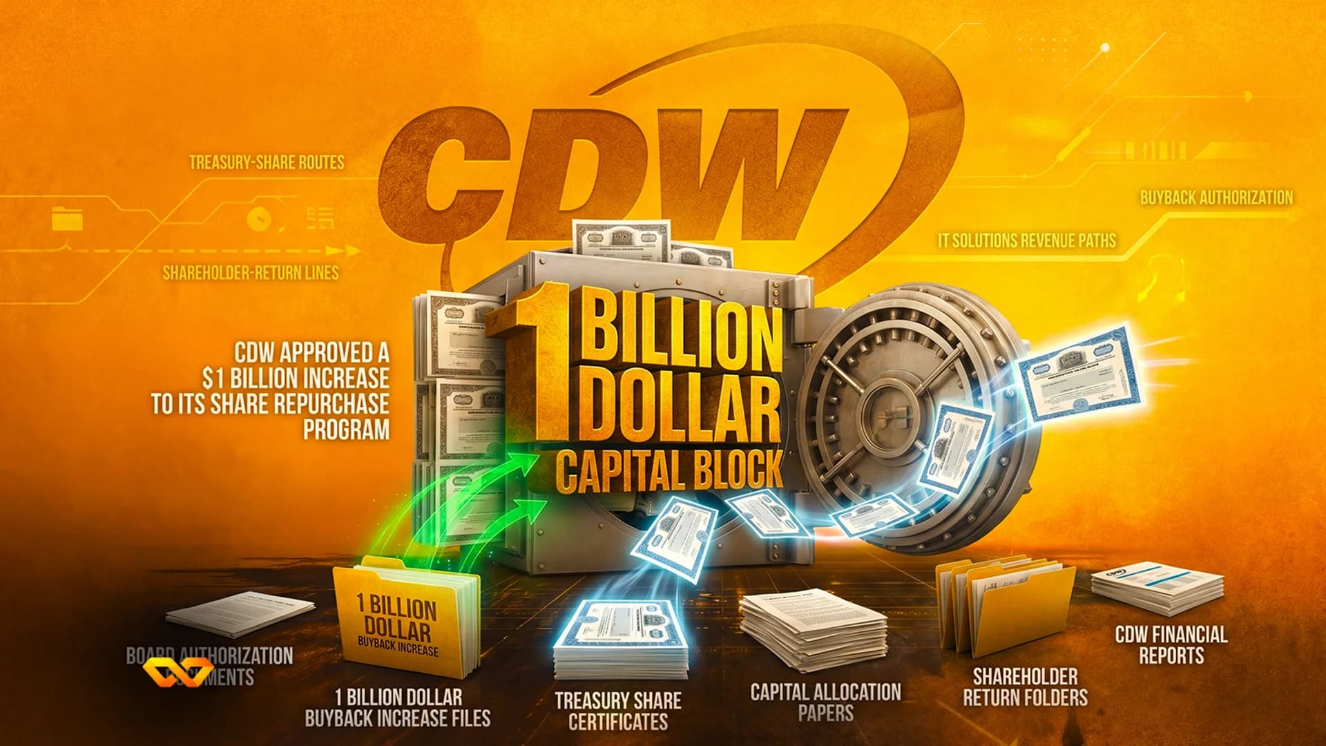 شعار CDW فوق خزنة مكتوب عليها كتلة رأس مال بقيمة مليار دولار مع شهادات أسهم ومجلدات مالية.