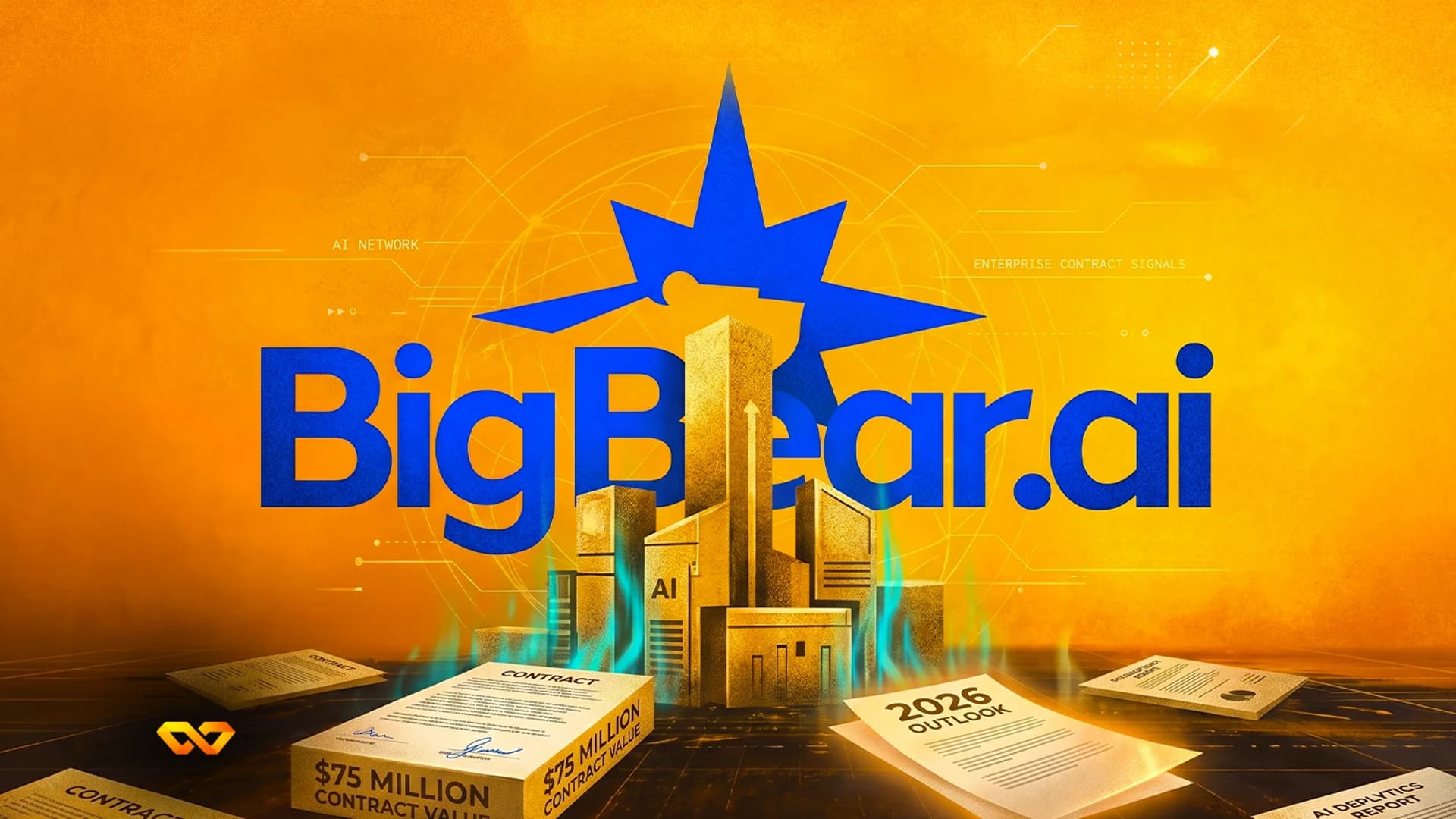 شعار BigBear.ai فوق مدينة ذهبية مبسطة، ووثائق عقود، وكتلة بقيمة عقد 75 مليون دولار.