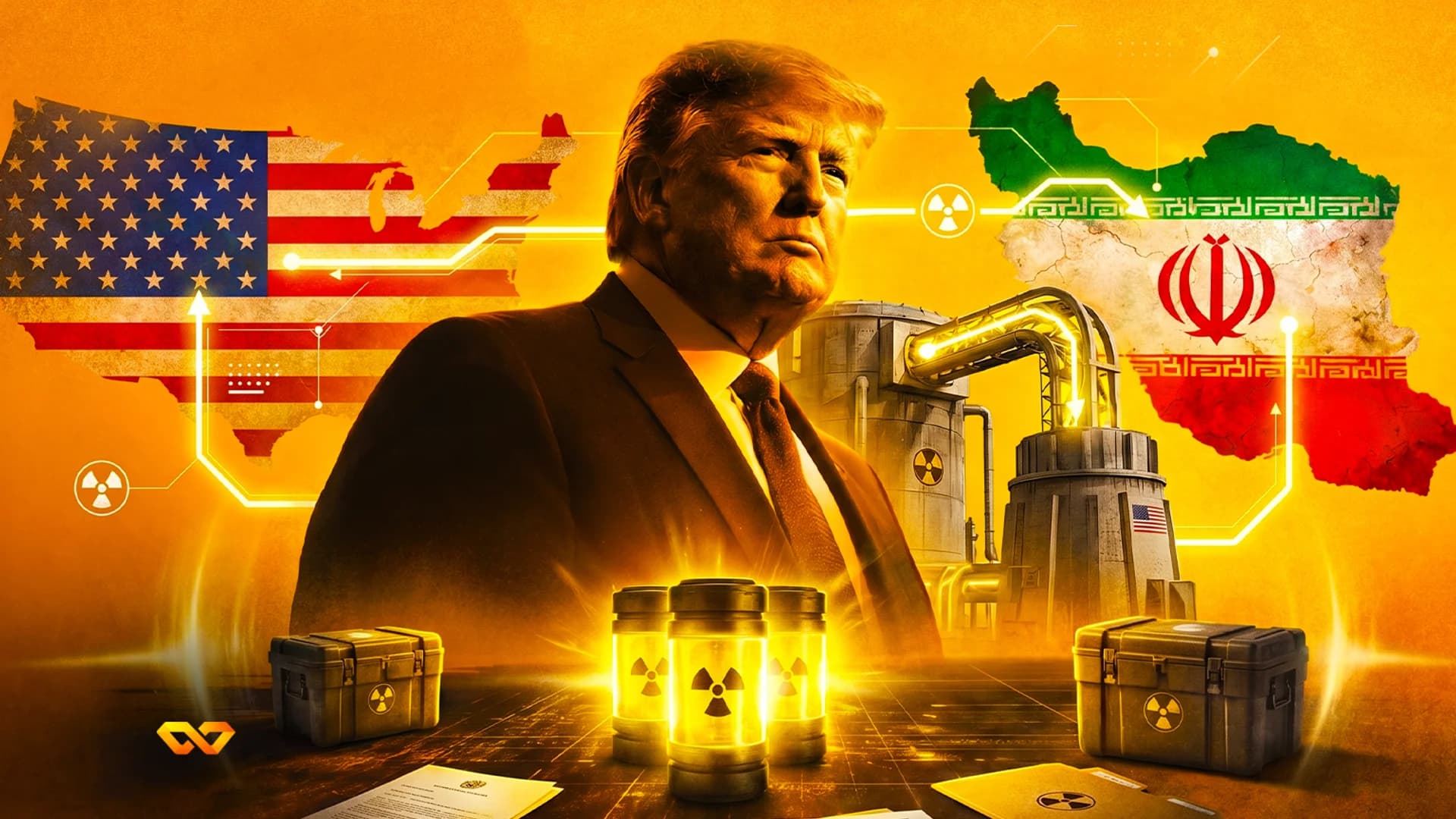 رسم توضيحي لدونالد ترامب بين خريطتي الولايات المتحدة وإيران مع رموز نووية وعلب متوهجة.