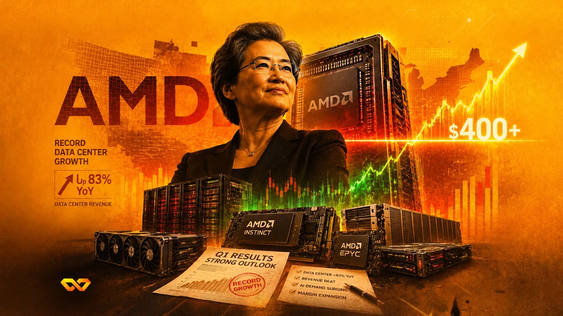 شعار AMD فوق رفوف الخوادم مع تقرير أرباح طائر وسهم أخضر يتجه للأعلى.