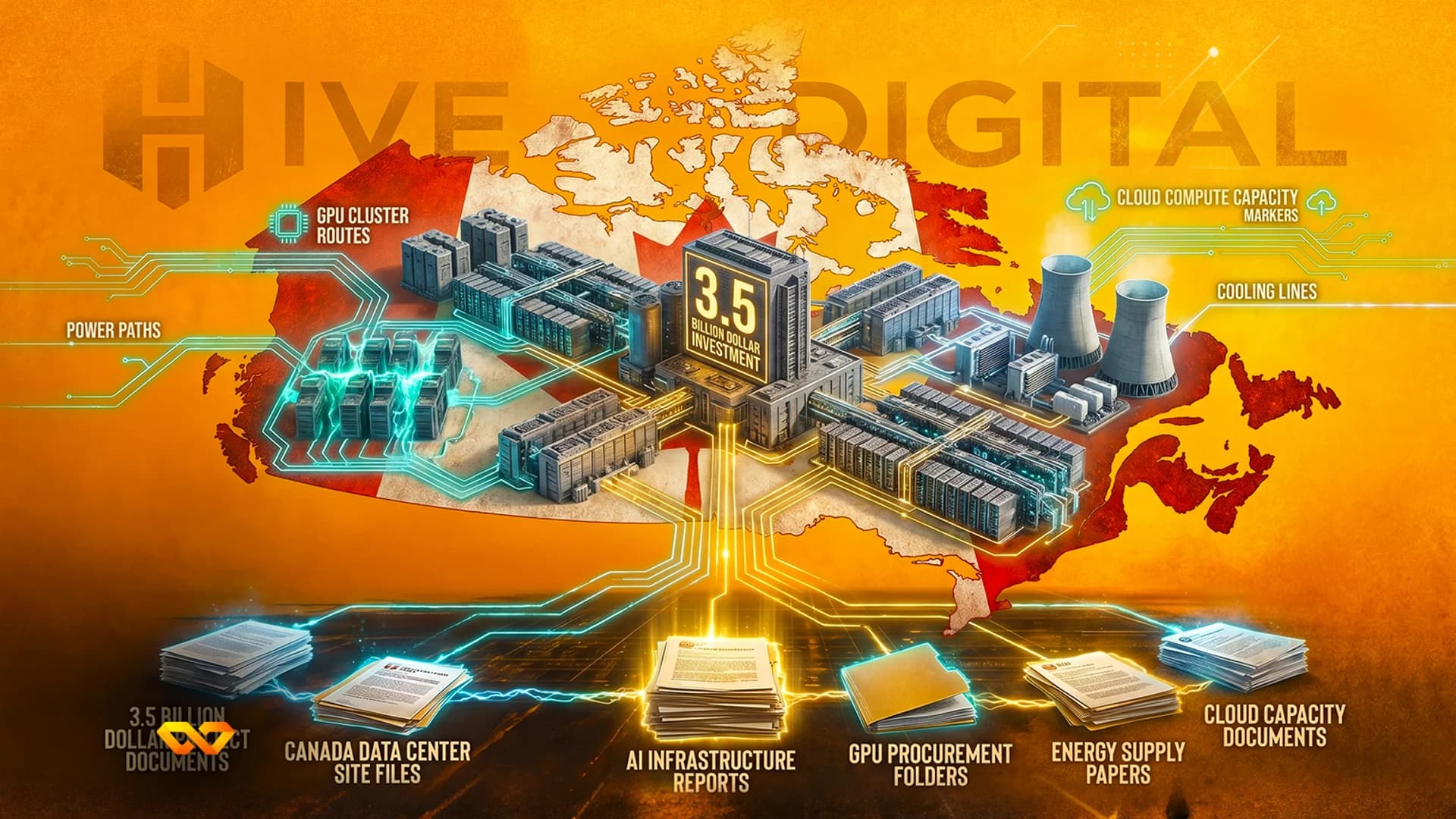 رسم توضيحي رقمي لمركز بيانات على خريطة كندا مع نص HIVE DIGITAL واستثمار بقيمة 3.5 مليار دولار.