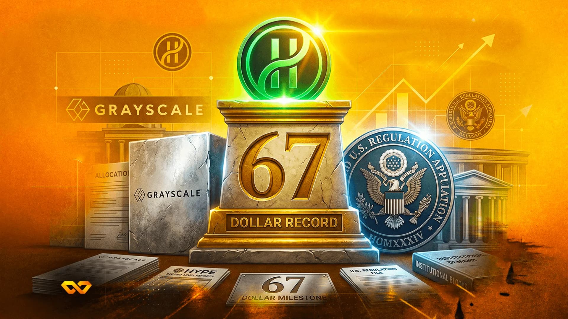 قاعدة حجرية مكتوب عليها '67 DOLLAR RECORD' يعلوها عملة خضراء متوهجة بشعار H، محاطة بعلامة غرايسكيل التجارية.