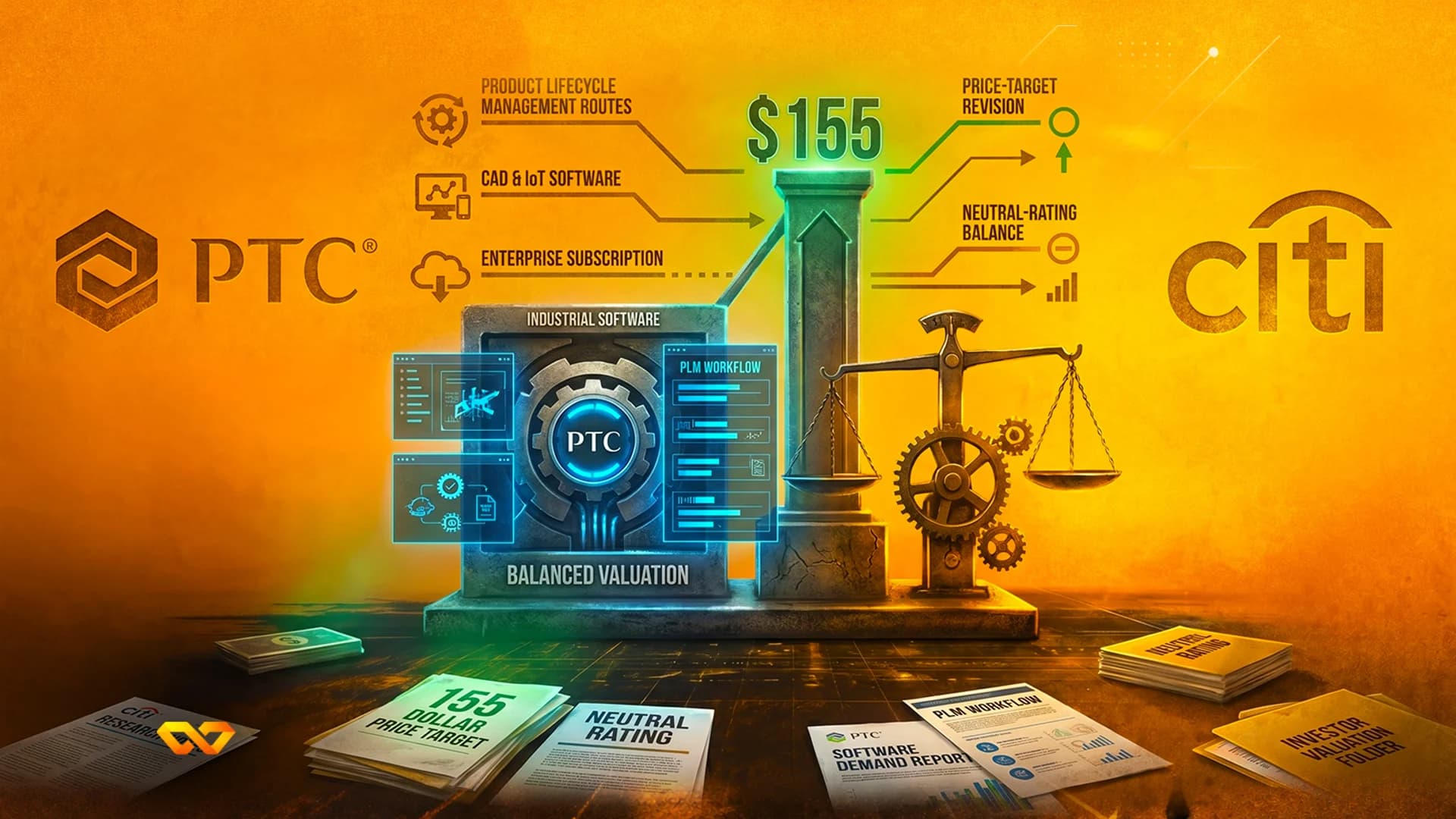 رسم توضيحي يضم شعاري PTC وCiti، وسعر مستهدف 155 دولاراً، وميزان، ومستندات مالية متنوعة.