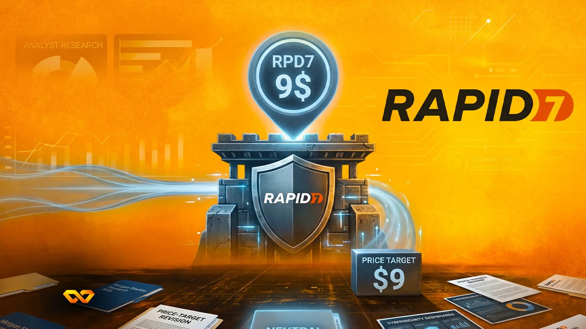 شعار Rapid7 على درع وقلعة مع دبوس سعر مستهدف 9 دولارات ووثائق أبحاث مالية على خلفية برتقالية.