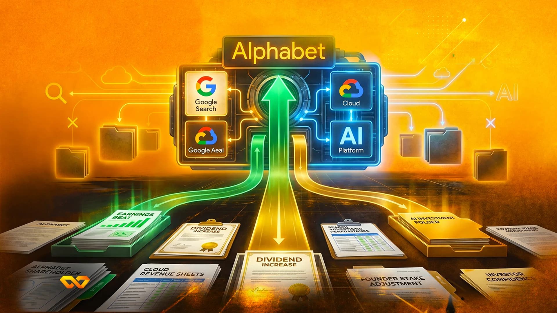 رسم توضيحي رقمي لأداء شركة ألفابت المالي مع شعارات وأسهم صاعدة ومستندات تحمل علامة تفوق الأرباح.