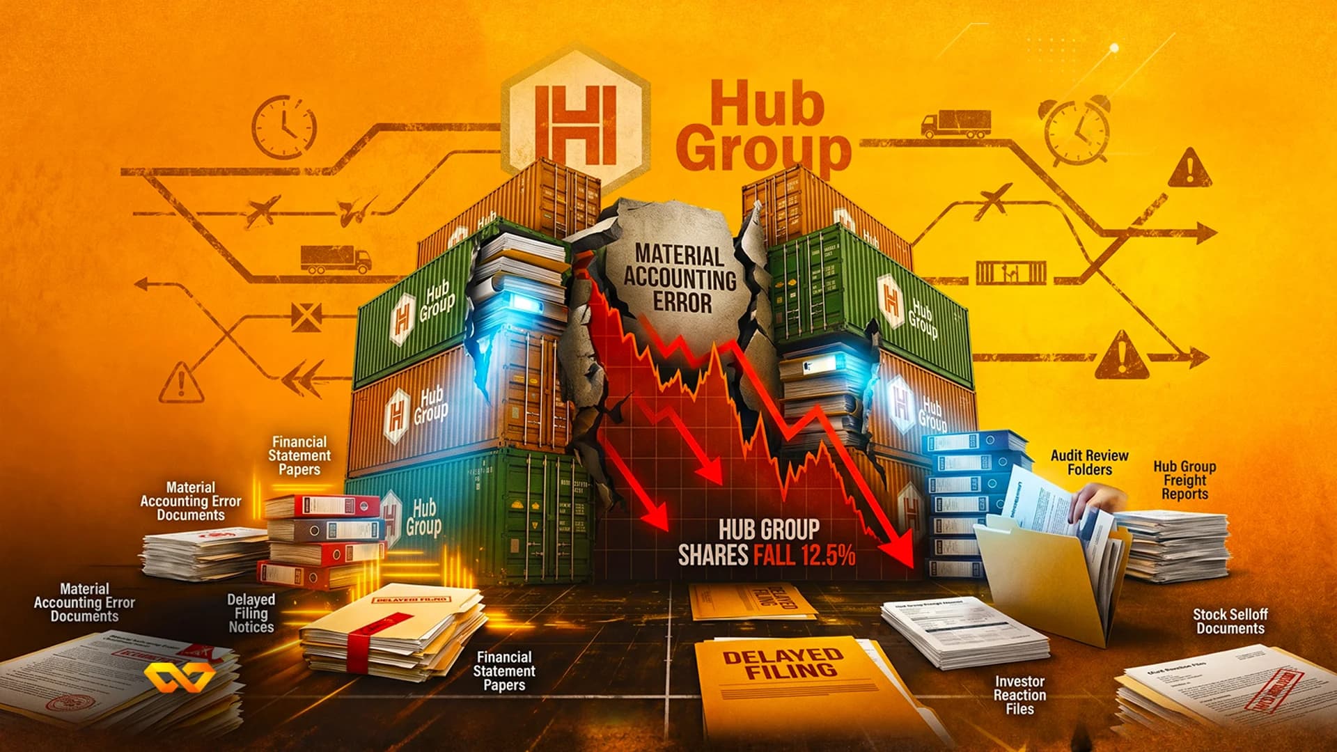 رسم توضيحي لشعار Hub Group وحاويات شحن ورسم بياني هابط باللون الأحمر وأكوام من المستندات المالية.