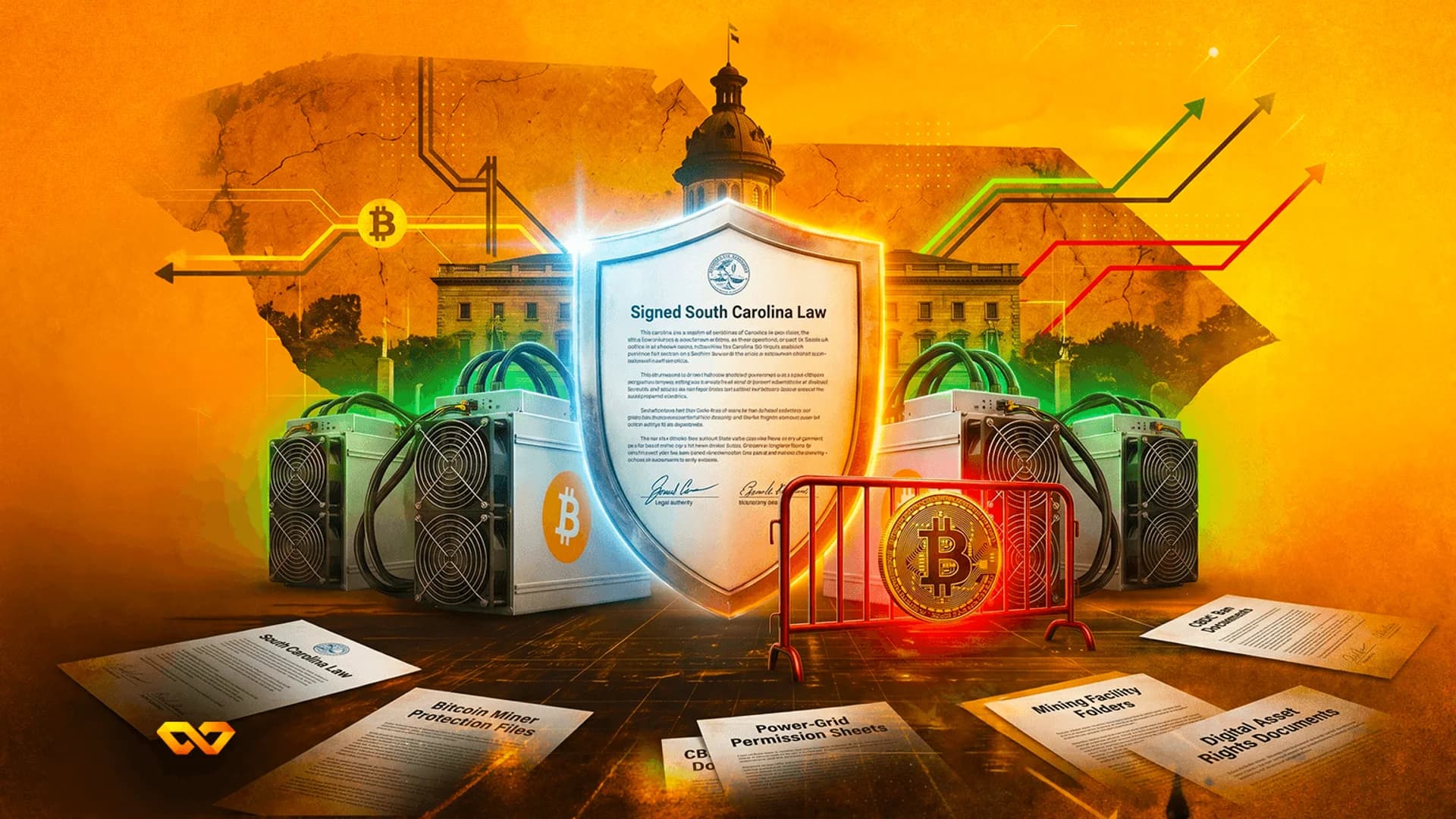أجهزة تعدين بيتكوين تحيط بدرع مكتوب عليه قانون كارولاينا الجنوبية الموقع، مع وثائق قانونية مبعثرة في المقدمة.