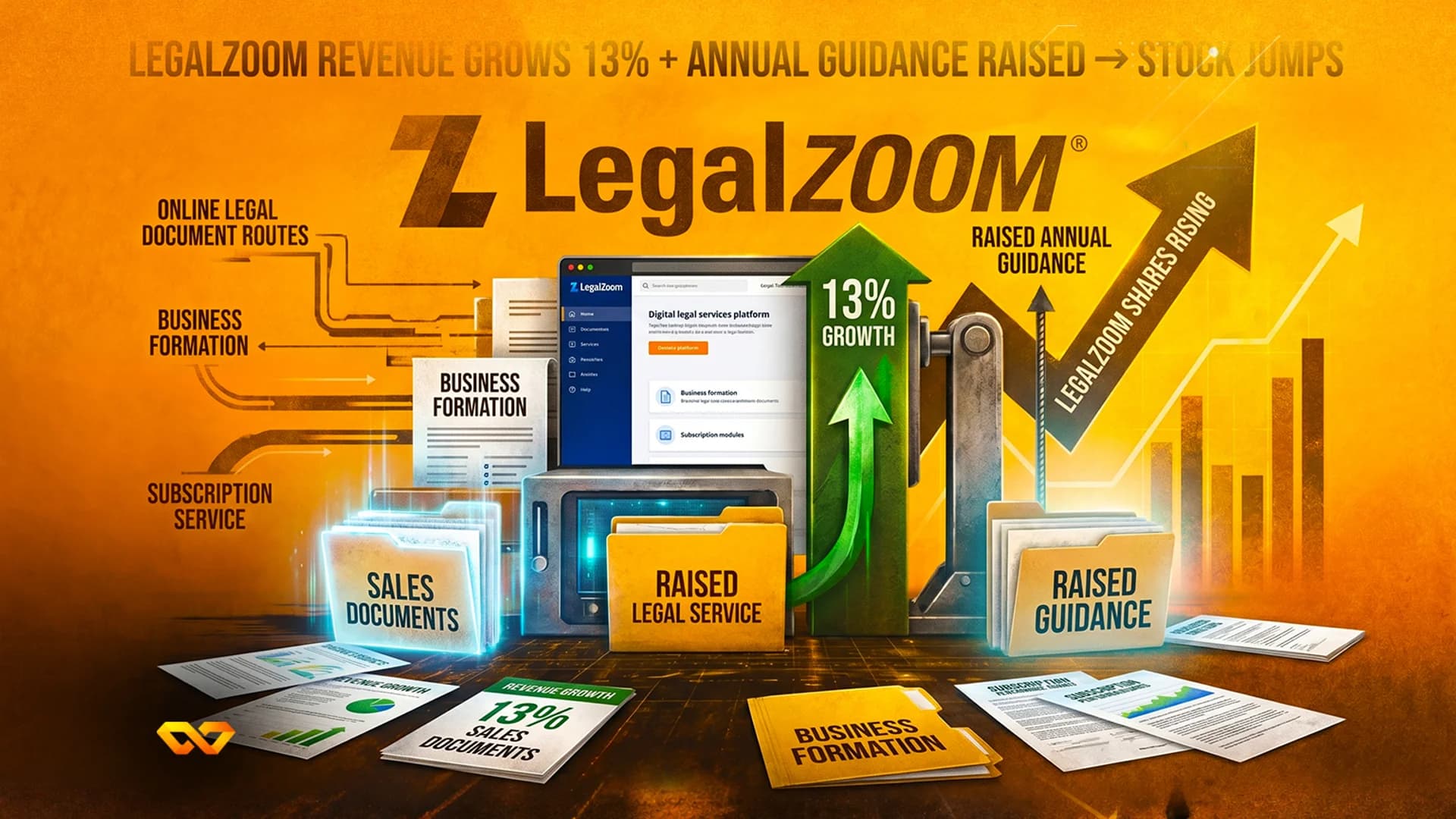 شعار LegalZoom ورسم بياني مالي مع أسهم صاعدة ومجلدات ومخططات على خلفية برتقالية.