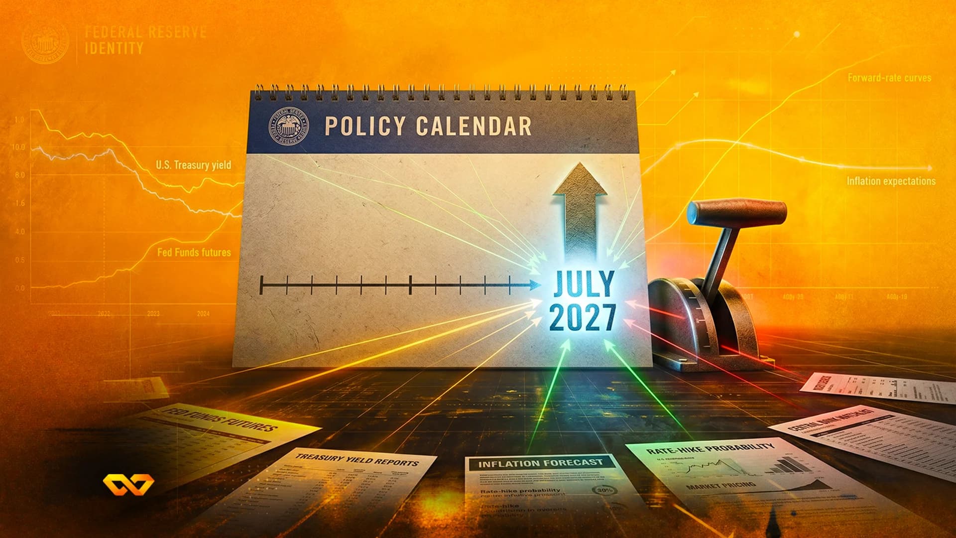 تقويم سياسة يظهر يوليو 2027 مع سهم للأعلى، محاط بتقارير مالية ورافعة ميكانيكية.