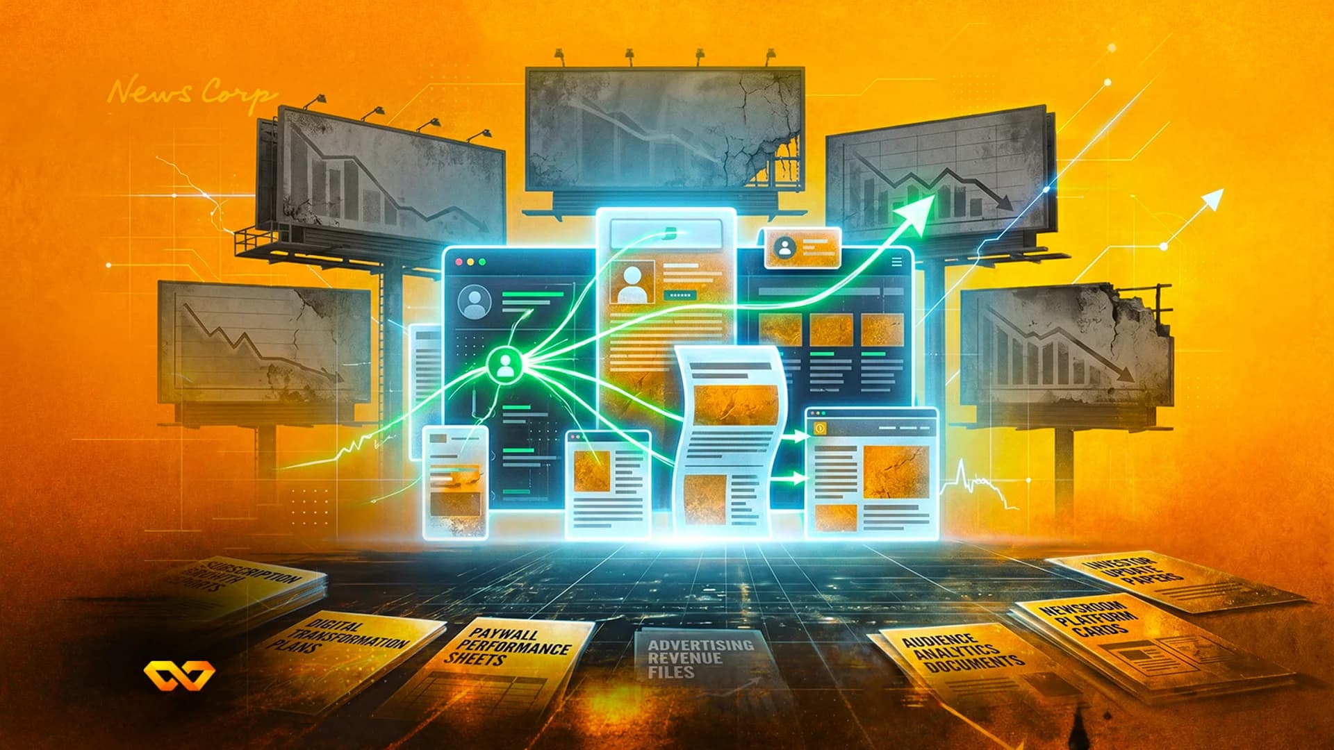 واجهة رقمية بخطوط بيانات متوهجة فوق لوحات إعلانية تظهر رسوماً بيانية متراجعة ومستندات أعمال على الأرض.