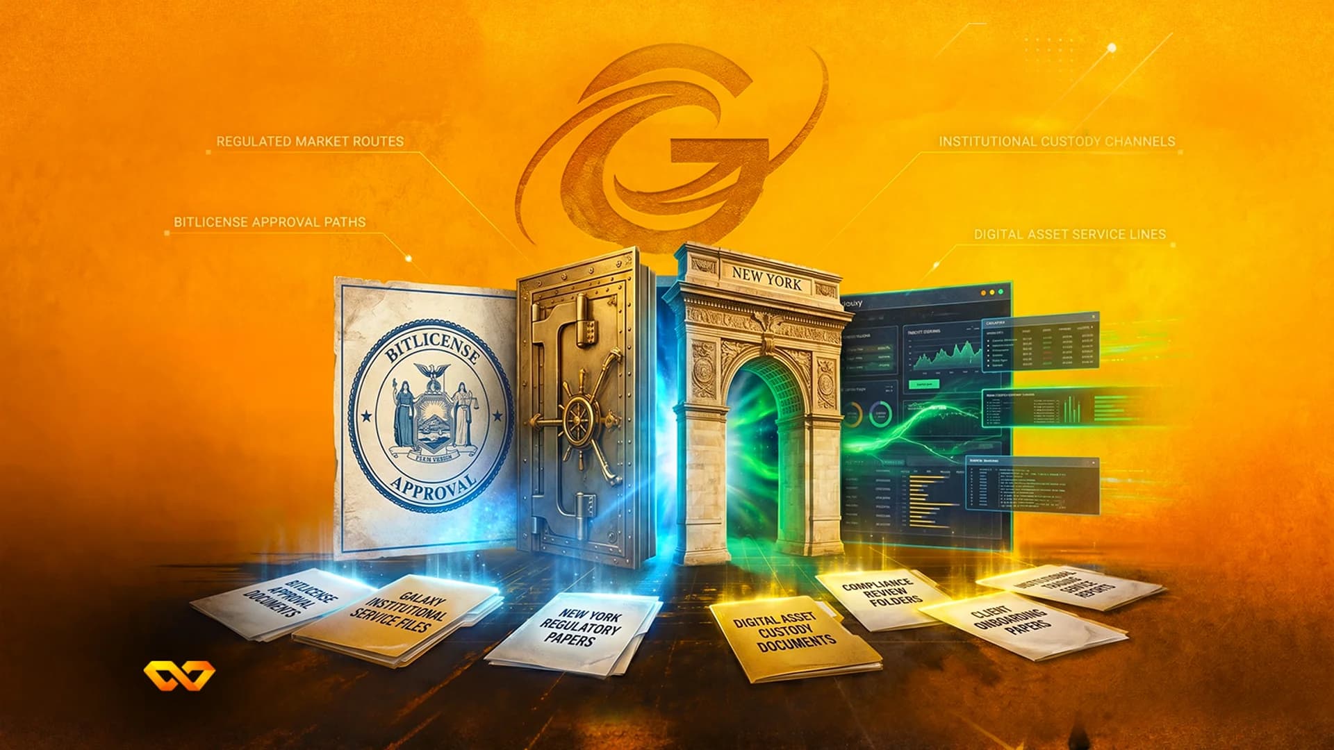 رسم توضيحي رقمي يضم خزنة، وقوس نيويورك، وختم ترخيص BitLicense، ومجلدات تنظيمية على خلفية برتقالية.