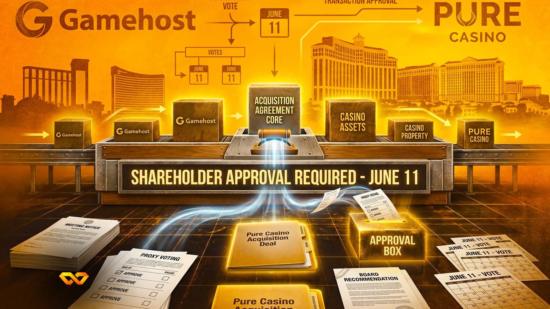 رسم توضيحي لعملية استحواذ بين Gamehost وPure Casino مع وثائق وحزام ناقل.
