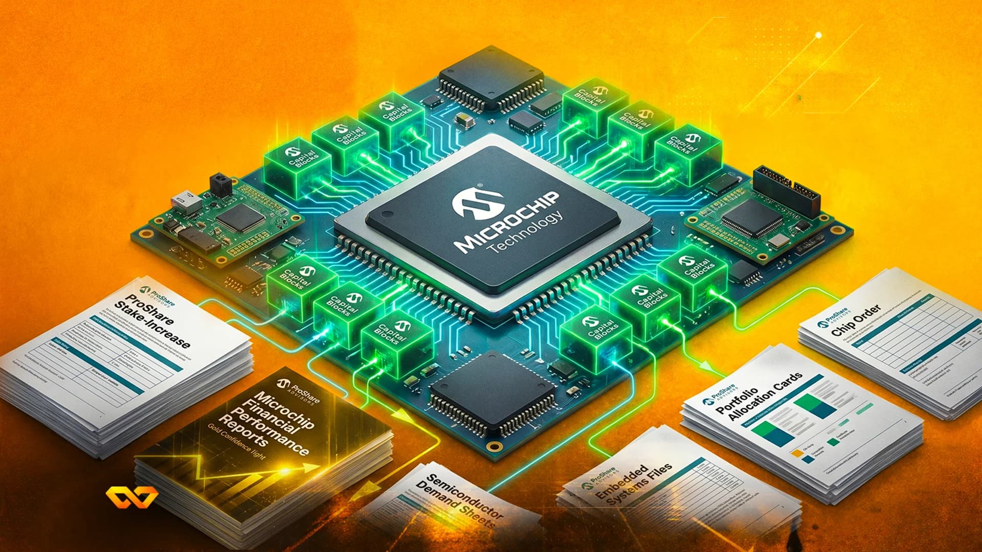 شريحة إلكترونية مركزية تحمل شعار Microchip Technology محاطة بمكعبات خضراء وأكوام من التقارير المالية.