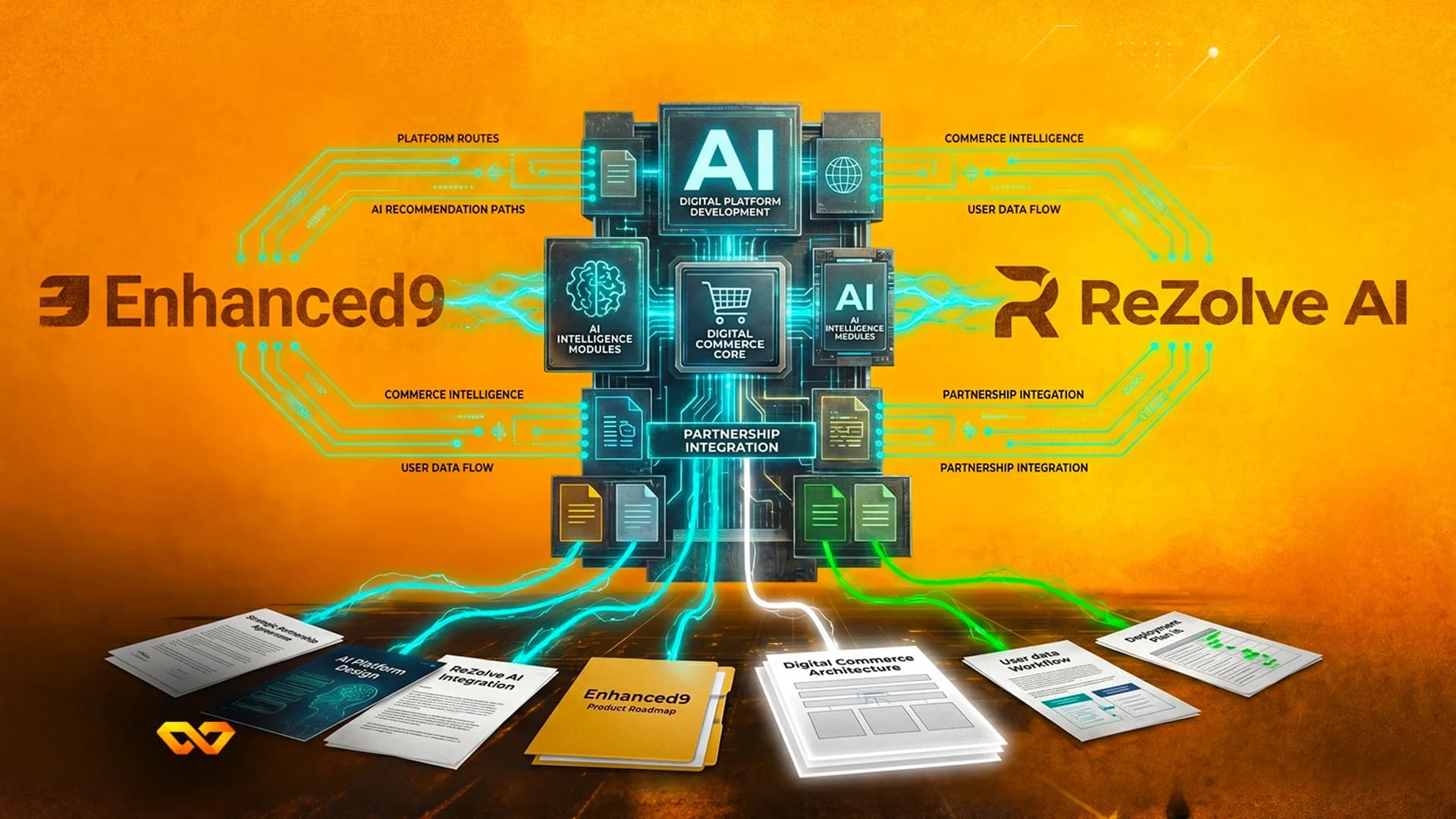 رسم توضيحي رقمي لمركز ذكاء اصطناعي يربط شعاري Enhanced9 وReZolve AI مع خطوط تدفق البيانات ومستندات.