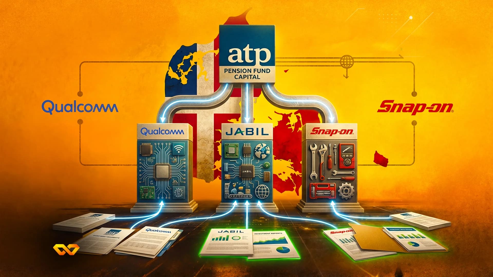 رسم توضيحي لصندوق تقاعد ATP متصل بأعمدة لشركات كوالكوم وجابيل وسناب أون فوق خريطة الدنمارك.