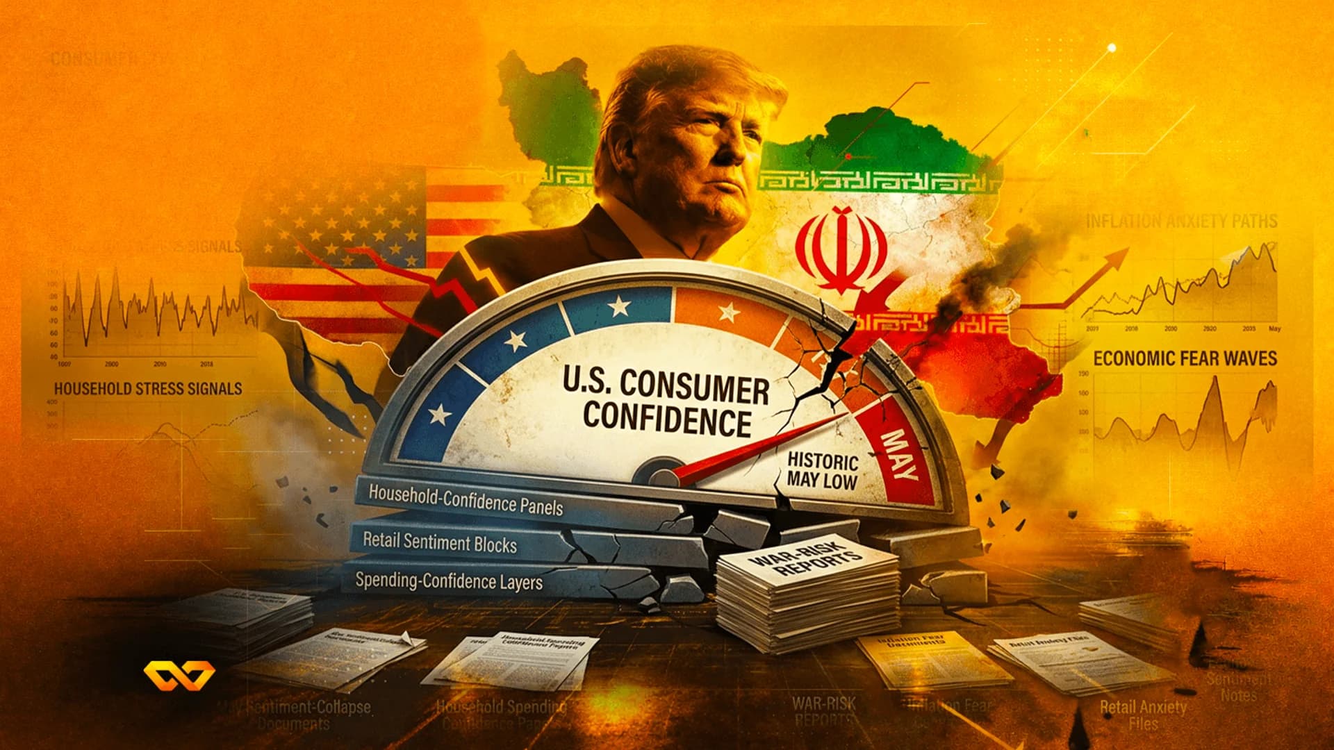 صورة لدونالد ترامب فوق مقياس ثقة المستهلك الأمريكي المكسور مع أعلام الولايات المتحدة وإيران ورسوم بيانية.