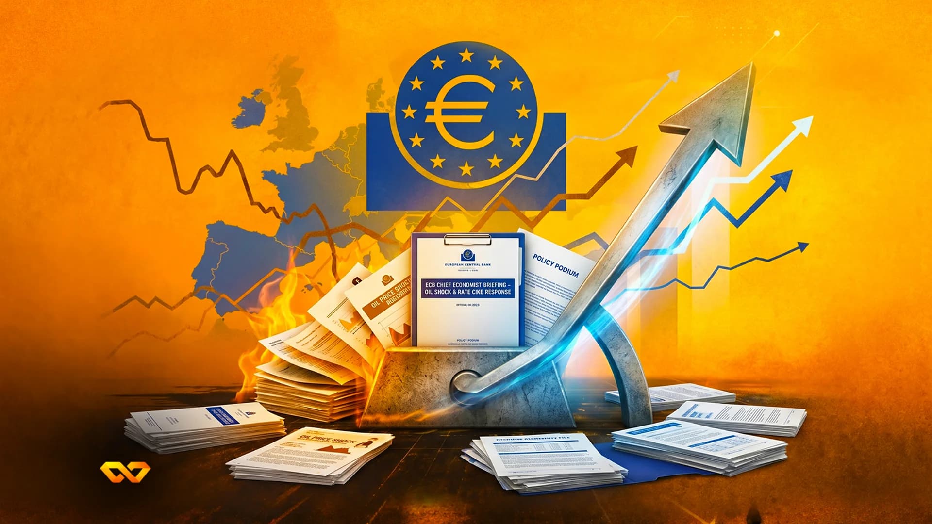 رسم توضيحي لشعار البنك المركزي الأوروبي فوق خريطة أوروبا مع سهم صاعد وأكوام من المستندات.