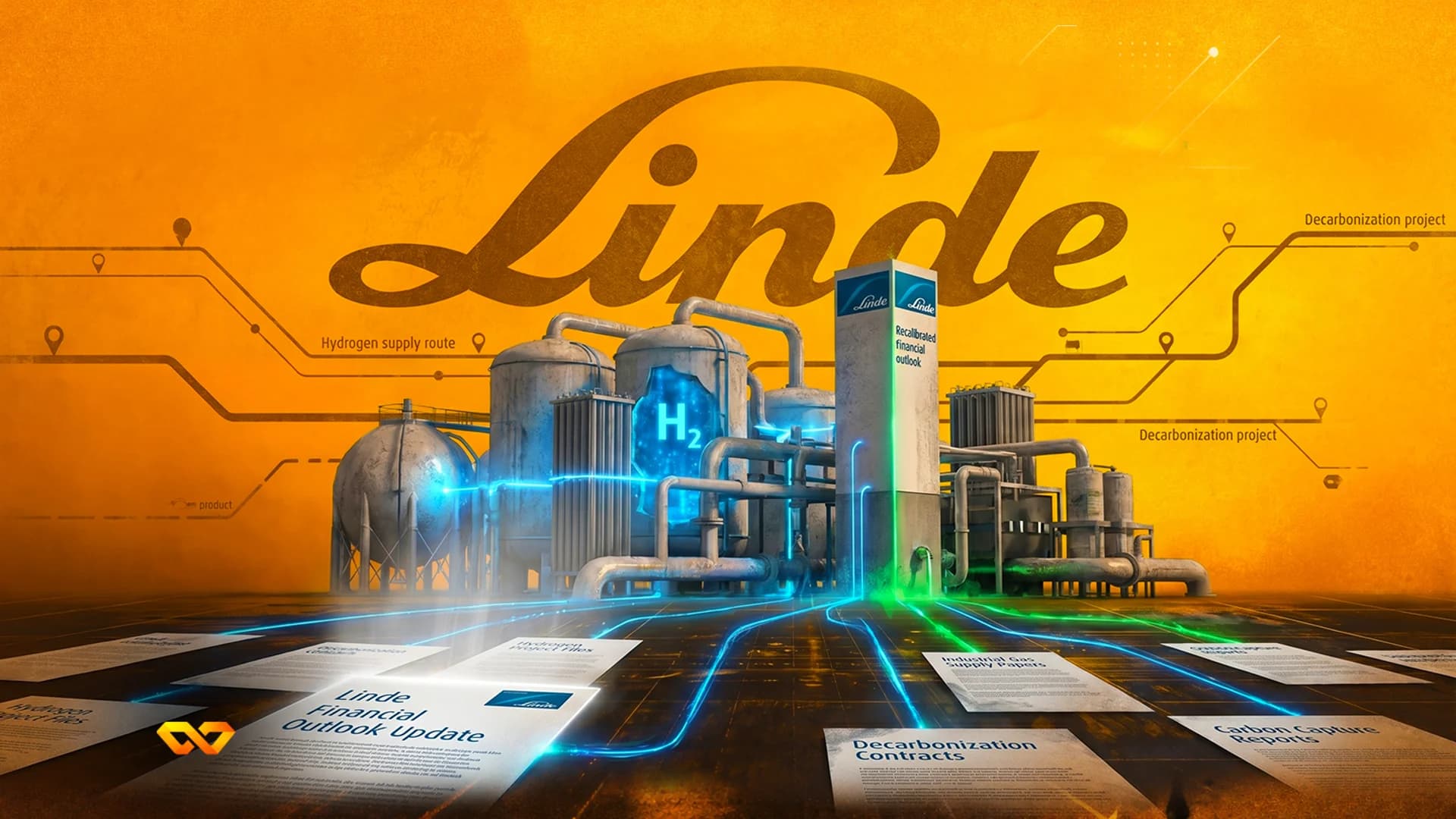 رسم توضيحي لمنشأة صناعية لشركة Linde مع وثائق مالية وخطوط بيانات متوهجة على خلفية برتقالية.