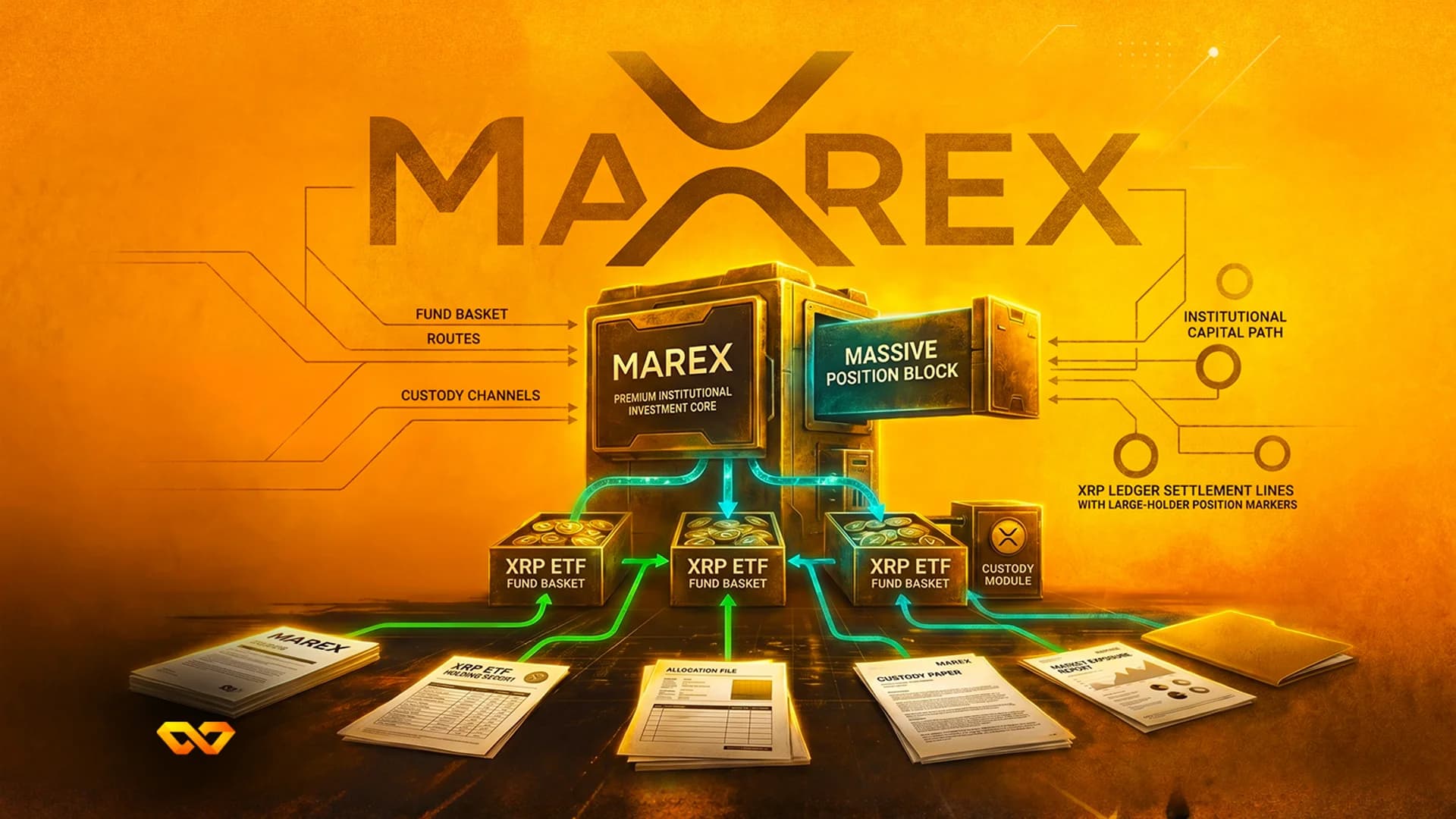 رسم توضيحي باللون البرتقالي لآلة مالية تحمل علامة Marex مع سلال صناديق XRP ETF ومستندات.