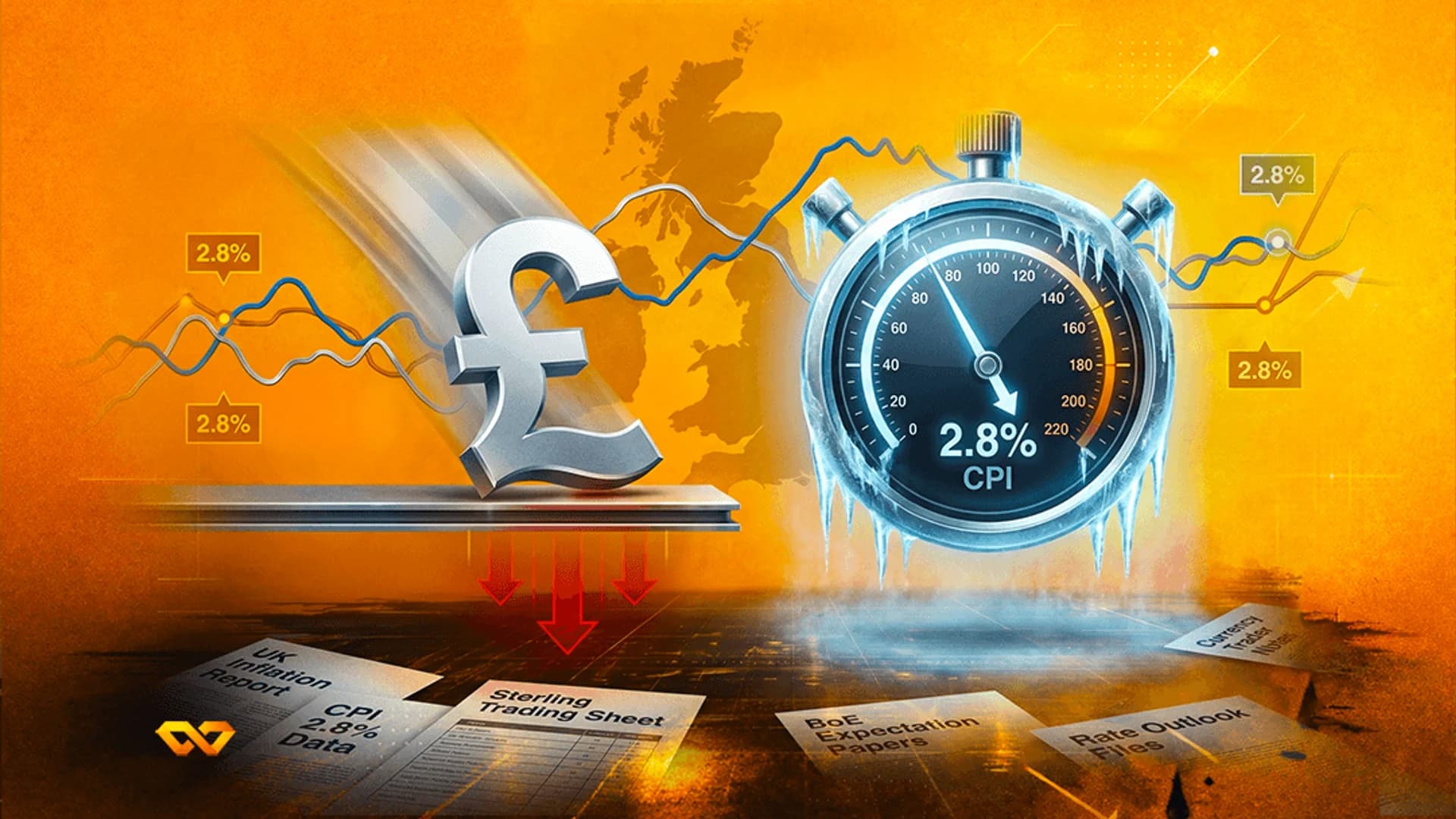 رمز جنيه إسترليني فضي ينزلق بجانب ساعة إيقاف مغطاة بالجليد تعرض 2.8% من مؤشر أسعار المستهلكين فوق خريطة بريطانيا.