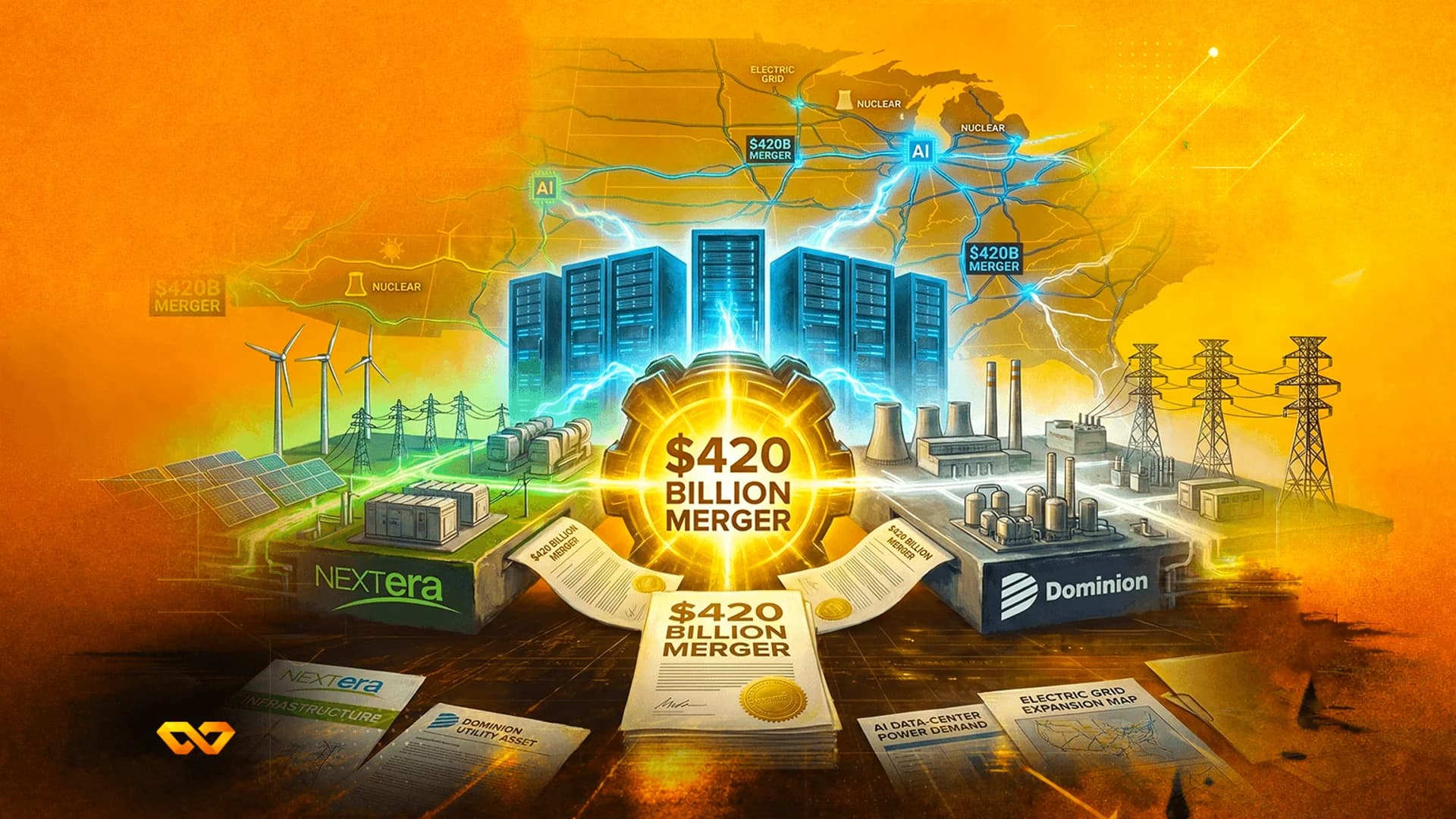 رسم توضيحي لاندماج بين شركتي NextEra وDominion مع بنية تحتية للطاقة ومراكز بيانات وخريطة للولايات المتحدة.