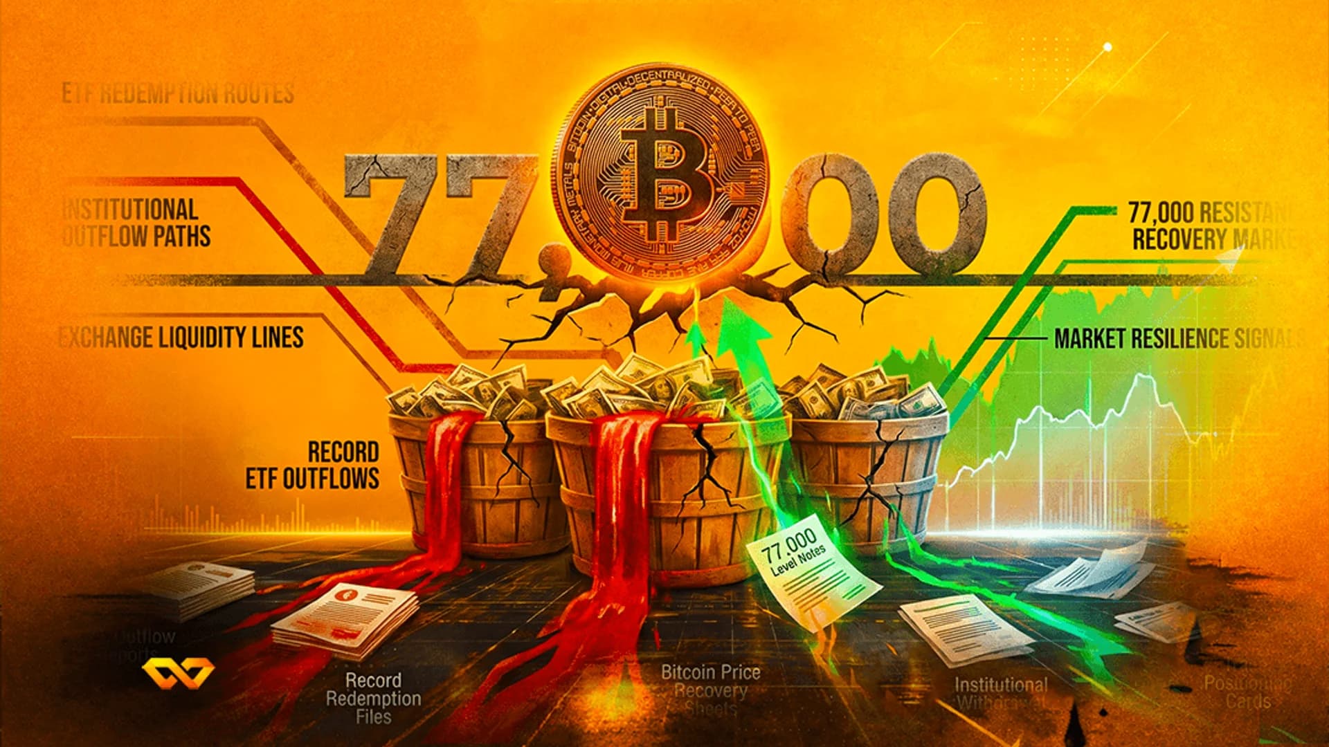 عملة بيتكوين تتوسط الرقمين 77 و 00 فوق دلاء مليئة بالنقود ينسكب منها سائل أحمر.