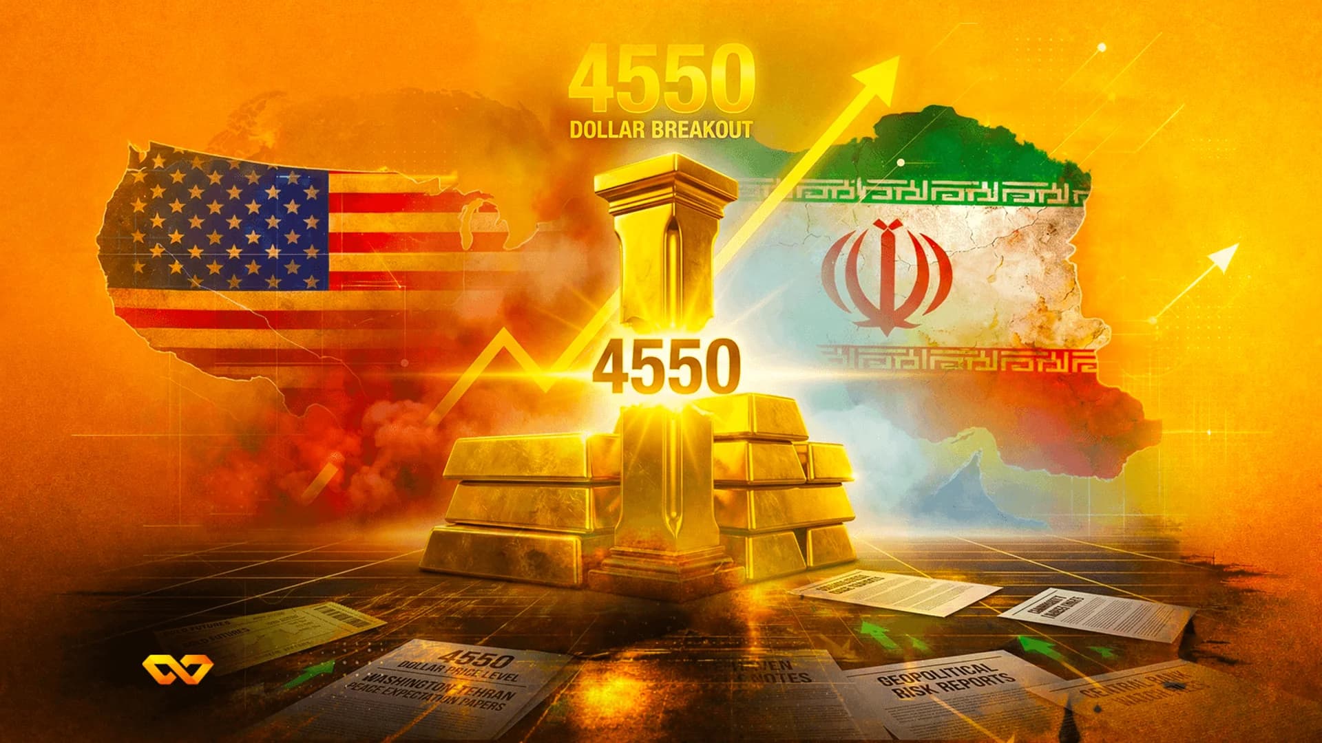 عمود وسبائك ذهبية بين علمي الولايات المتحدة وإيران على خريطة، مع أسهم صاعدة وأوراق مالية.