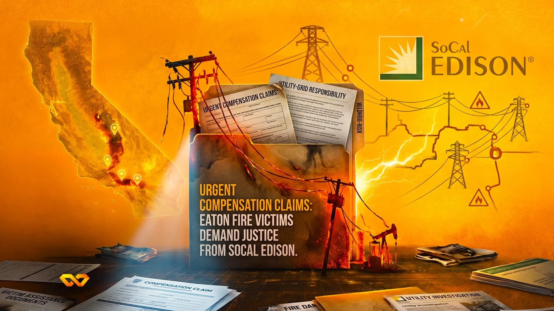 كولاج يضم شعار شركة SoCal Edison، وخريطة كاليفورنيا، وخطوط طاقة، ومستندات تتعلق بمطالبات تعويض عن الحرائق.