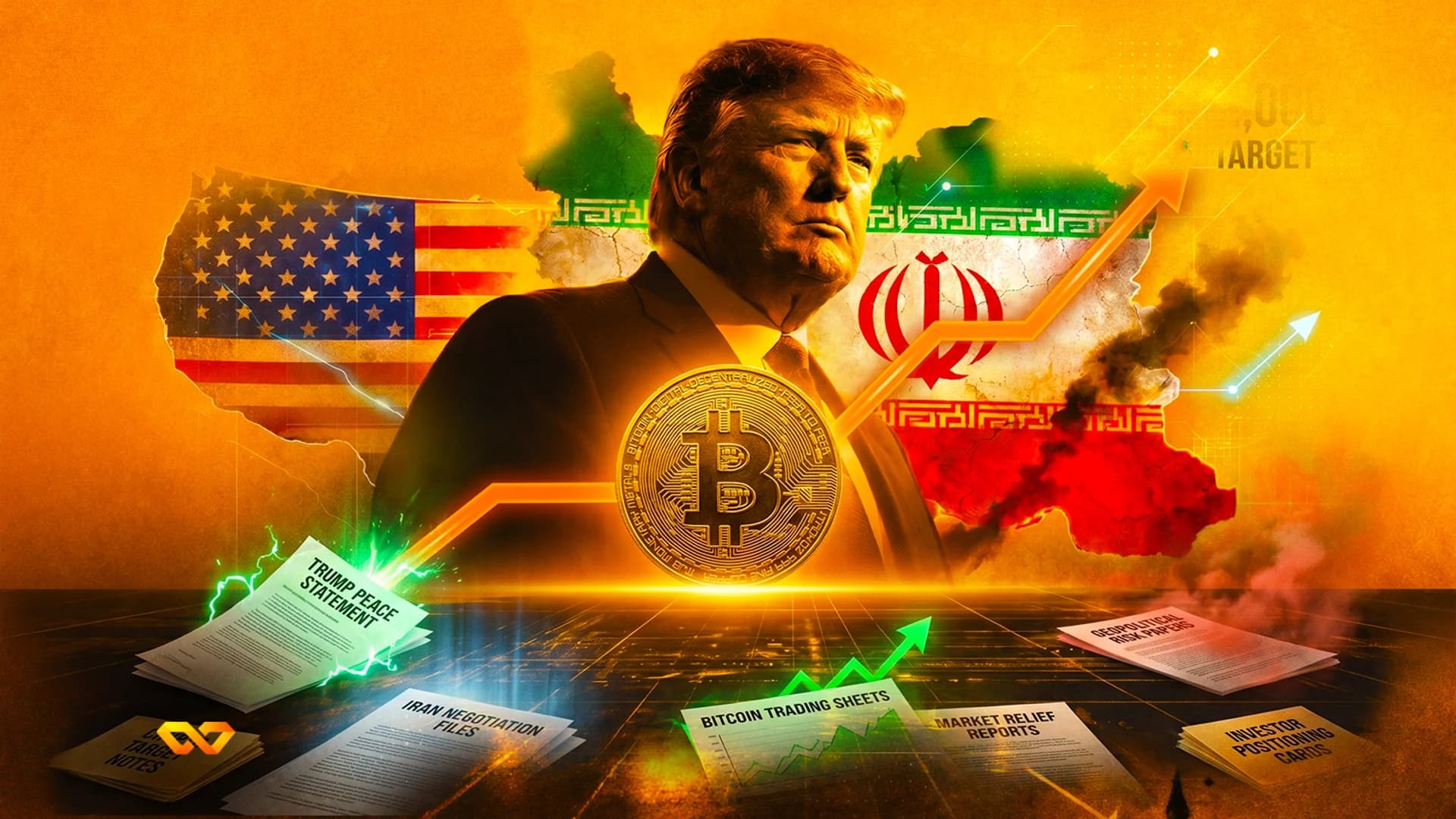 كولاج رقمي لدونالد ترامب، وعملة بيتكوين، وعلمي الولايات المتحدة وإيران، ورسوم بيانية مالية على خلفية برتقالية.