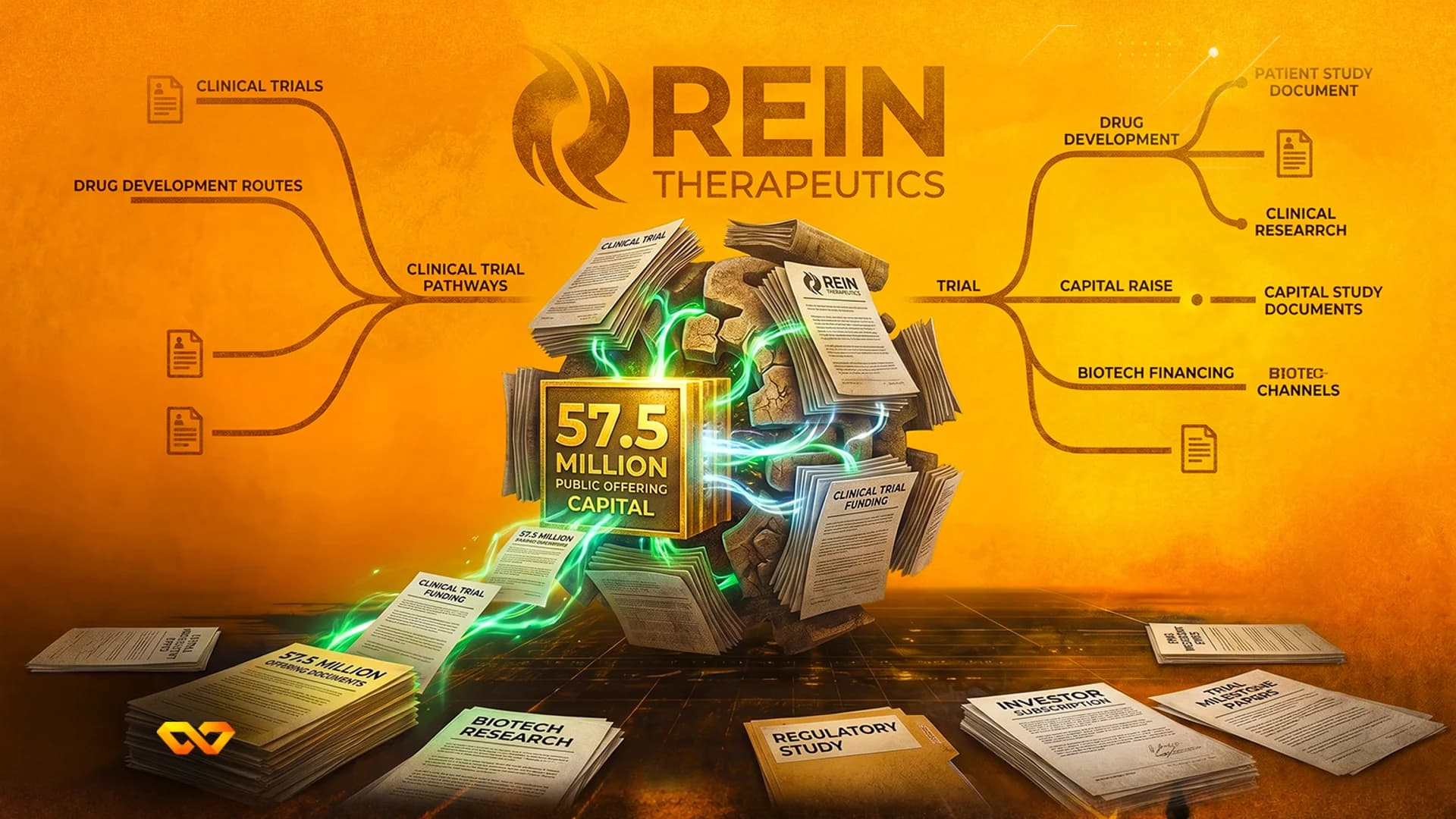 رسم توضيحي لشركة Rein Therapeutics يظهر مكعباً ذهبياً لتمويل بقيمة 57.5 مليوناً محاطاً بوثائق.