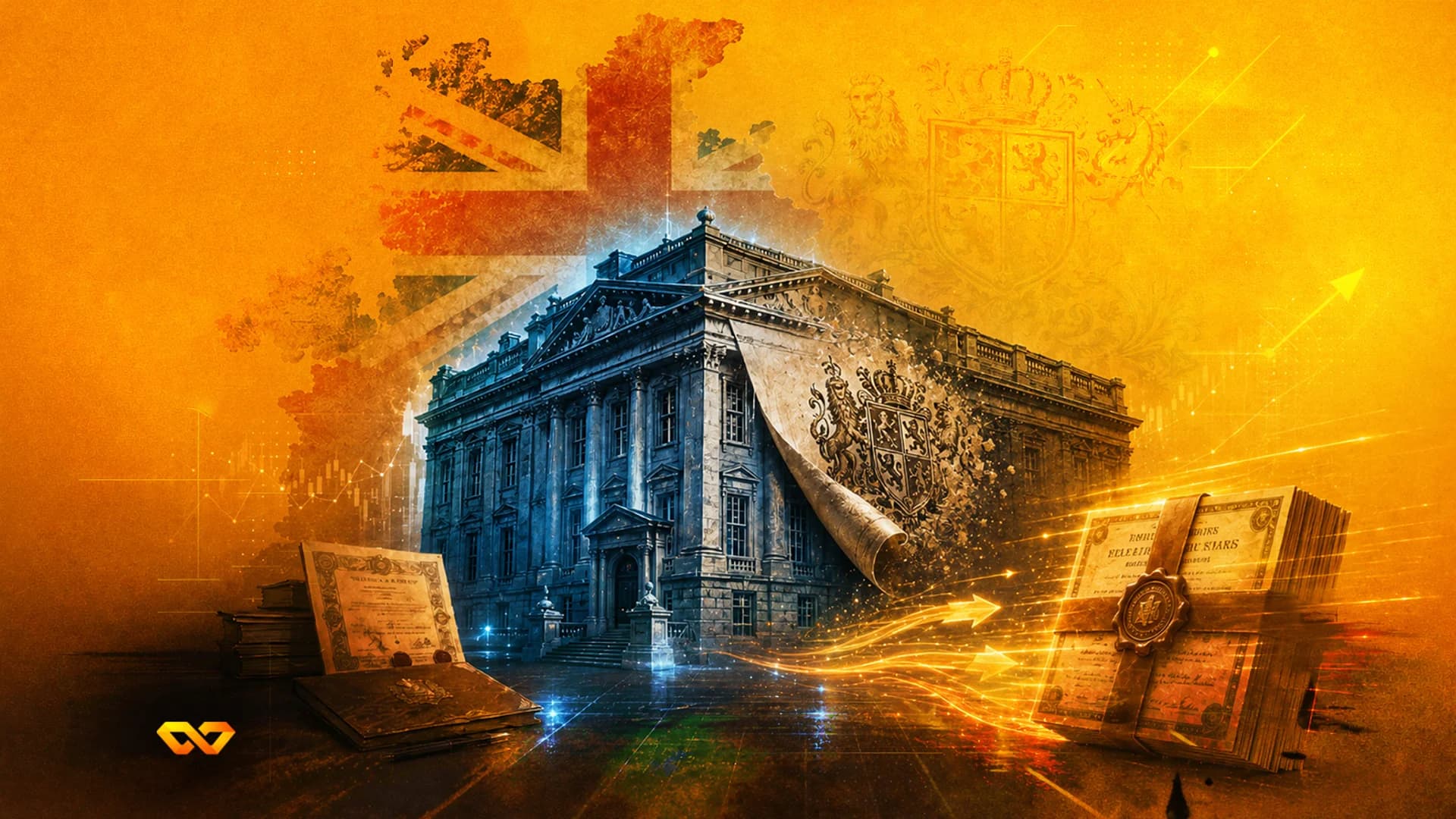 مبنى كلاسيكي أمام علم المملكة المتحدة مع رزم من الوثائق المختومة ومسارات ضوئية متوهجة.