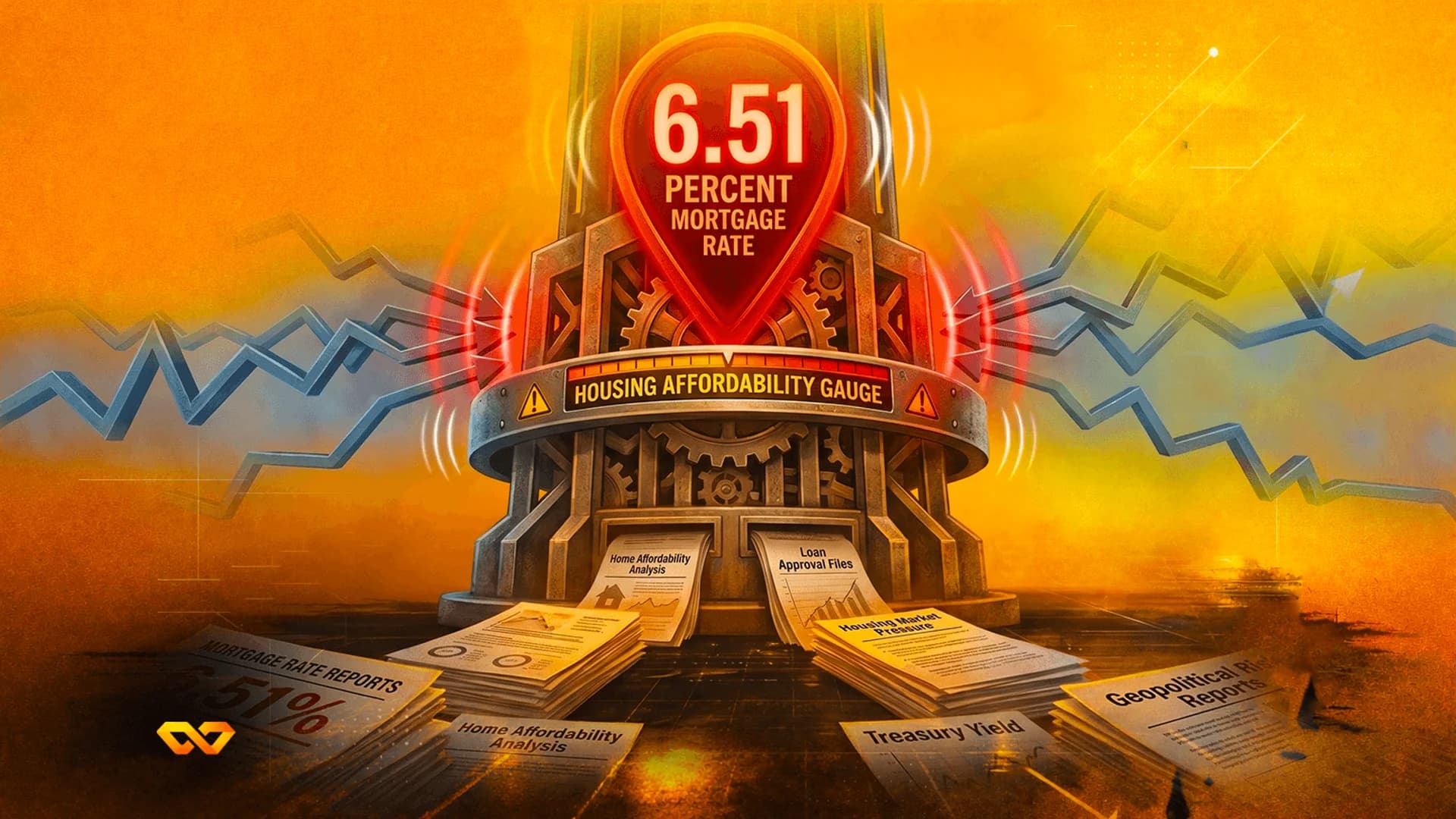 رسم توضيحي لبرج ميكانيكي مع علامة حمراء تظهر سعر فائدة الرهن العقاري بنسبة 6.51٪ وسط أكوام من التقارير.