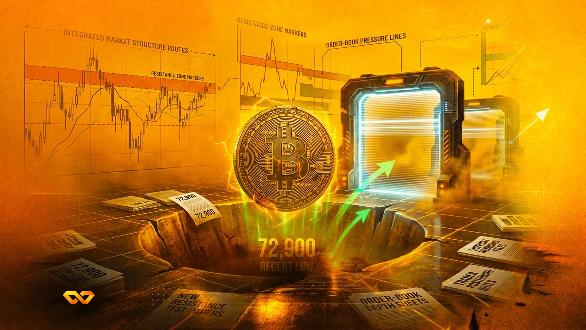 عملة بيتكوين تطفو فوق فوهة برقم 72,900 مع أسهم خضراء تشير إلى بوابات مضيئة ورسوم بيانية مالية.