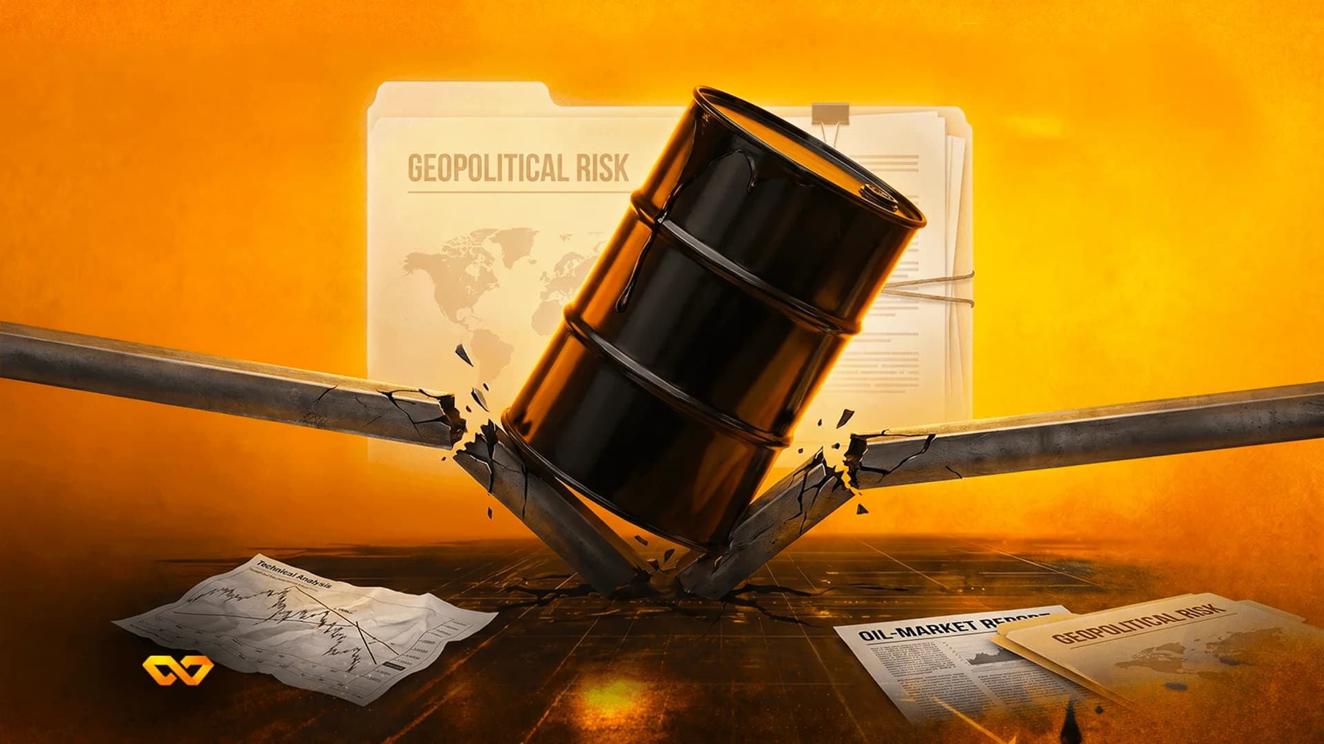 خريطة الشرق الأوسط مع طائرات مقاتلة وصواريخ وبراميل نفط وسبائك ذهب ومنصات نفط ومخططات أسهم تحت سماء ملتهبة.